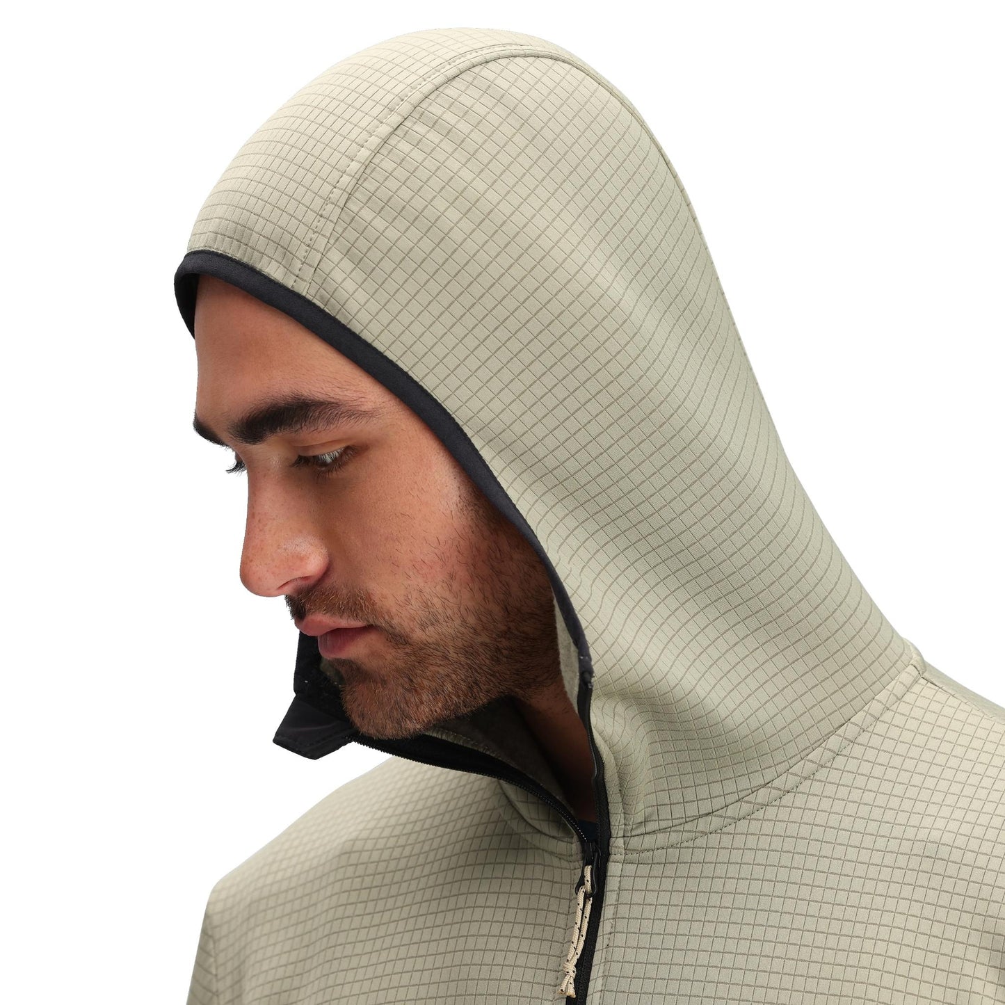 General Detail shot of Topo Designs Global Midlayer Hoodie - Men's in "Dried Sage"