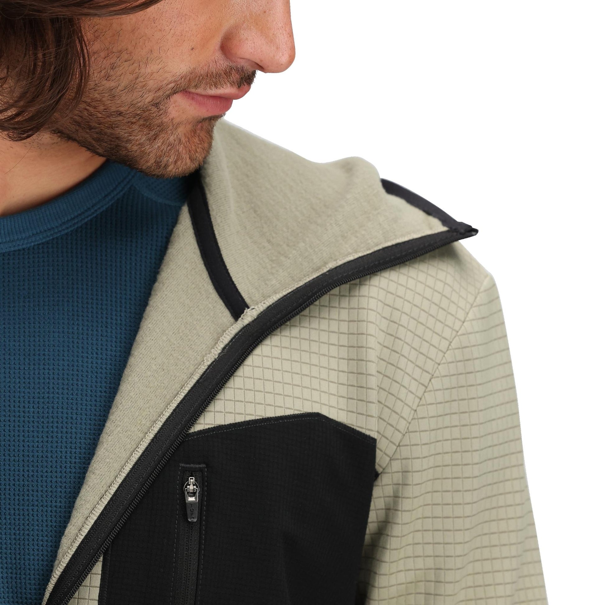 General Detail shot of Topo Designs Global Midlayer Hoodie - Men's in "Dried Sage"