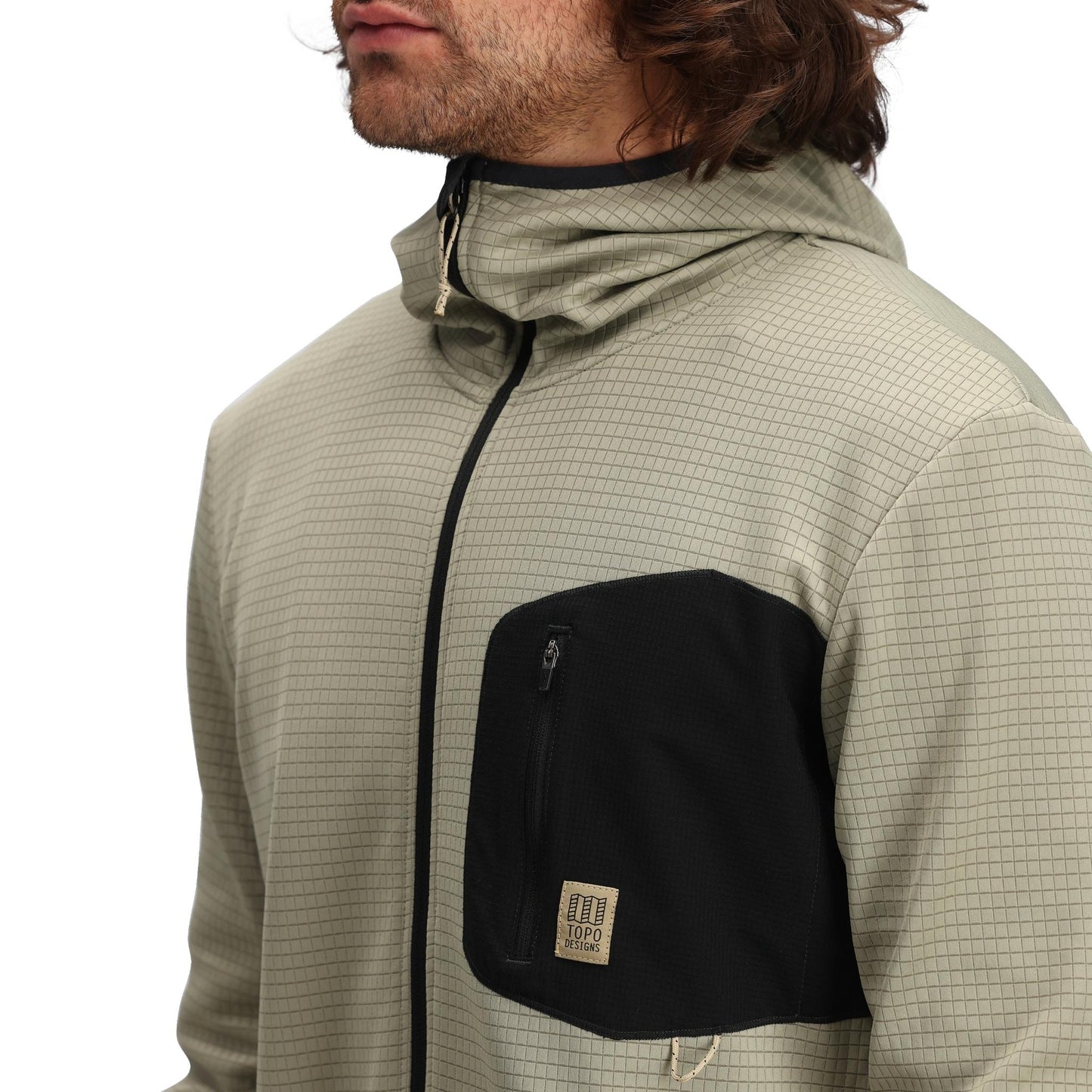 General Detail shot of Topo Designs Global Midlayer Hoodie - Men's in "Dried Sage"