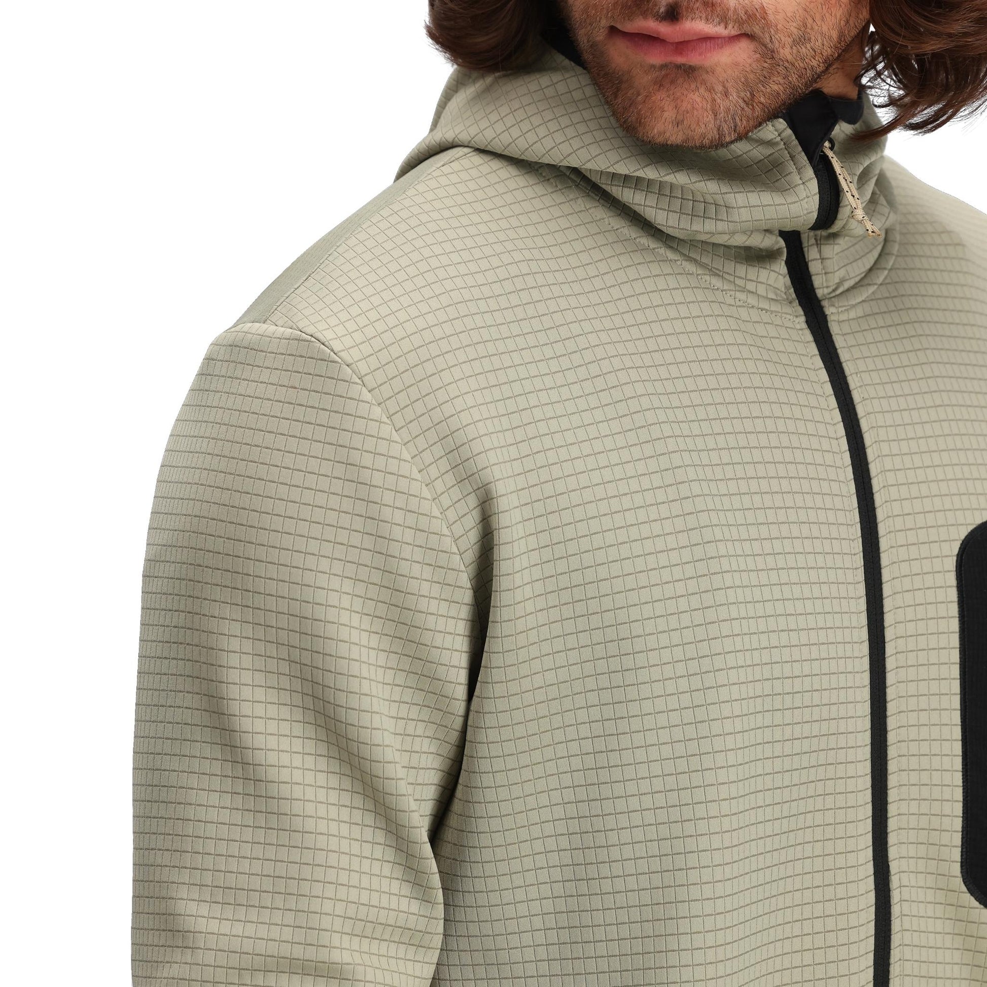 General Detail shot of Topo Designs Global Midlayer Hoodie - Men's in "Dried Sage"