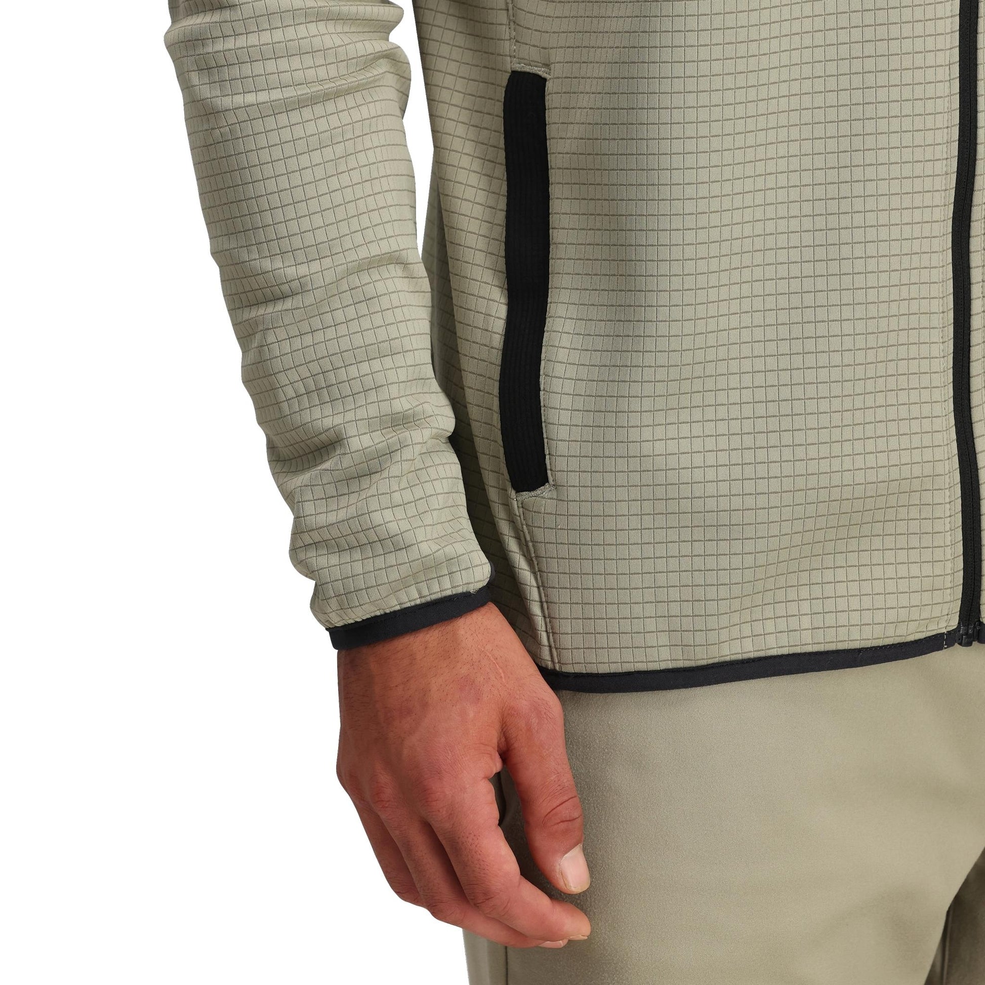 General Detail shot of Topo Designs Global Midlayer Hoodie - Men's in "Dried Sage"