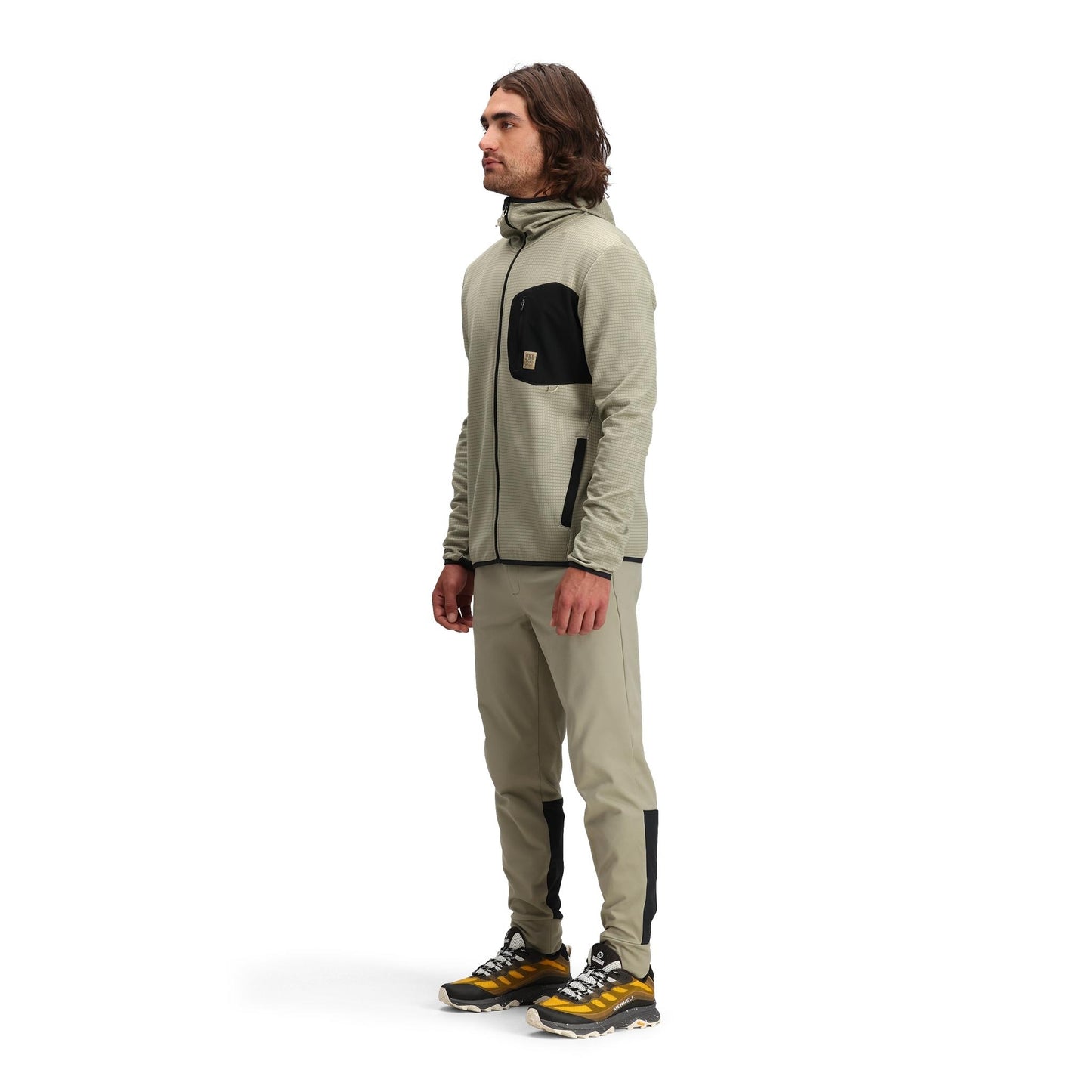 General side model shot of Topo Designs Global Midlayer Hoodie - Men's in "Dried Sage"