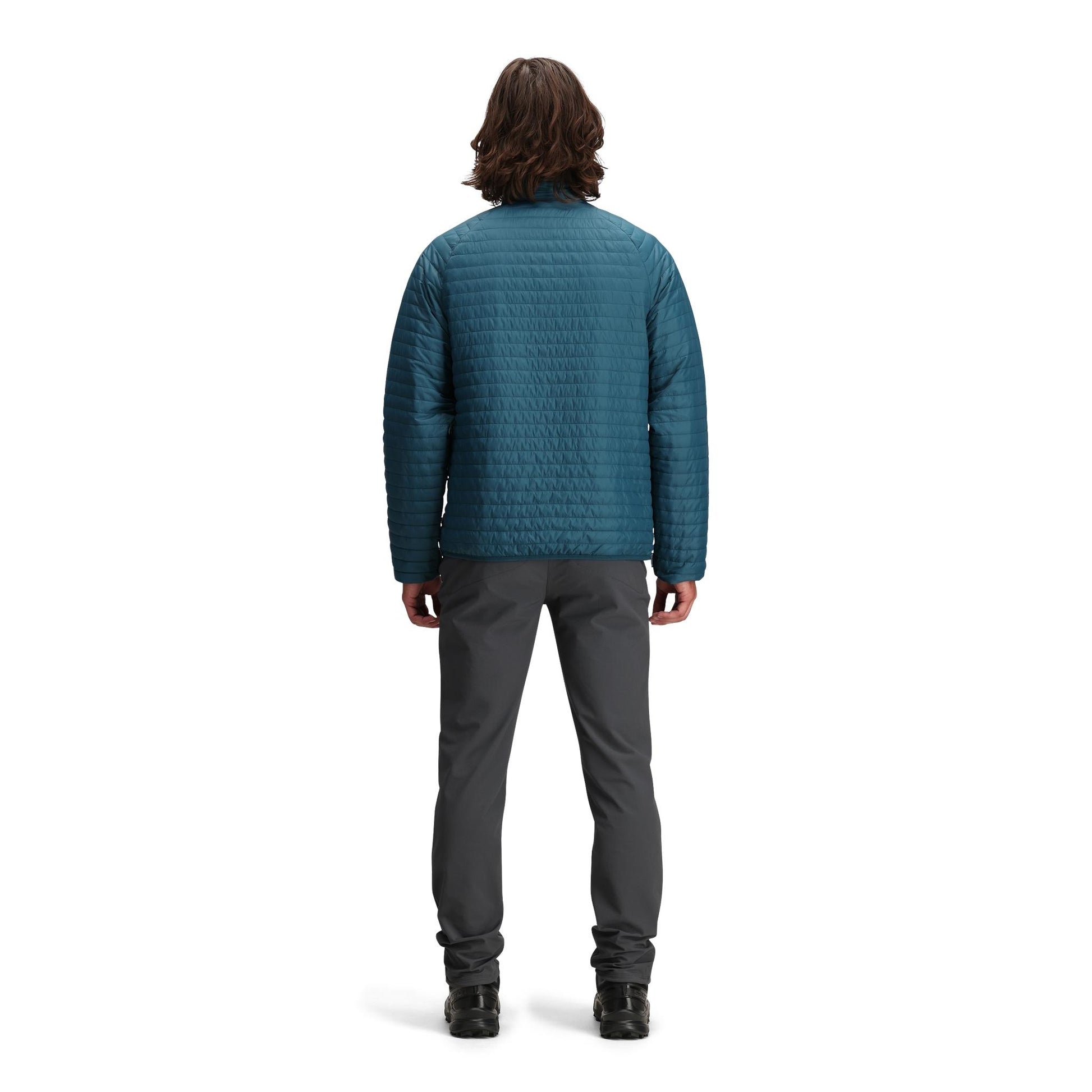 General back model shot of Topo Designs Global Puffer Pullover - Men's  in "Pond Blue"