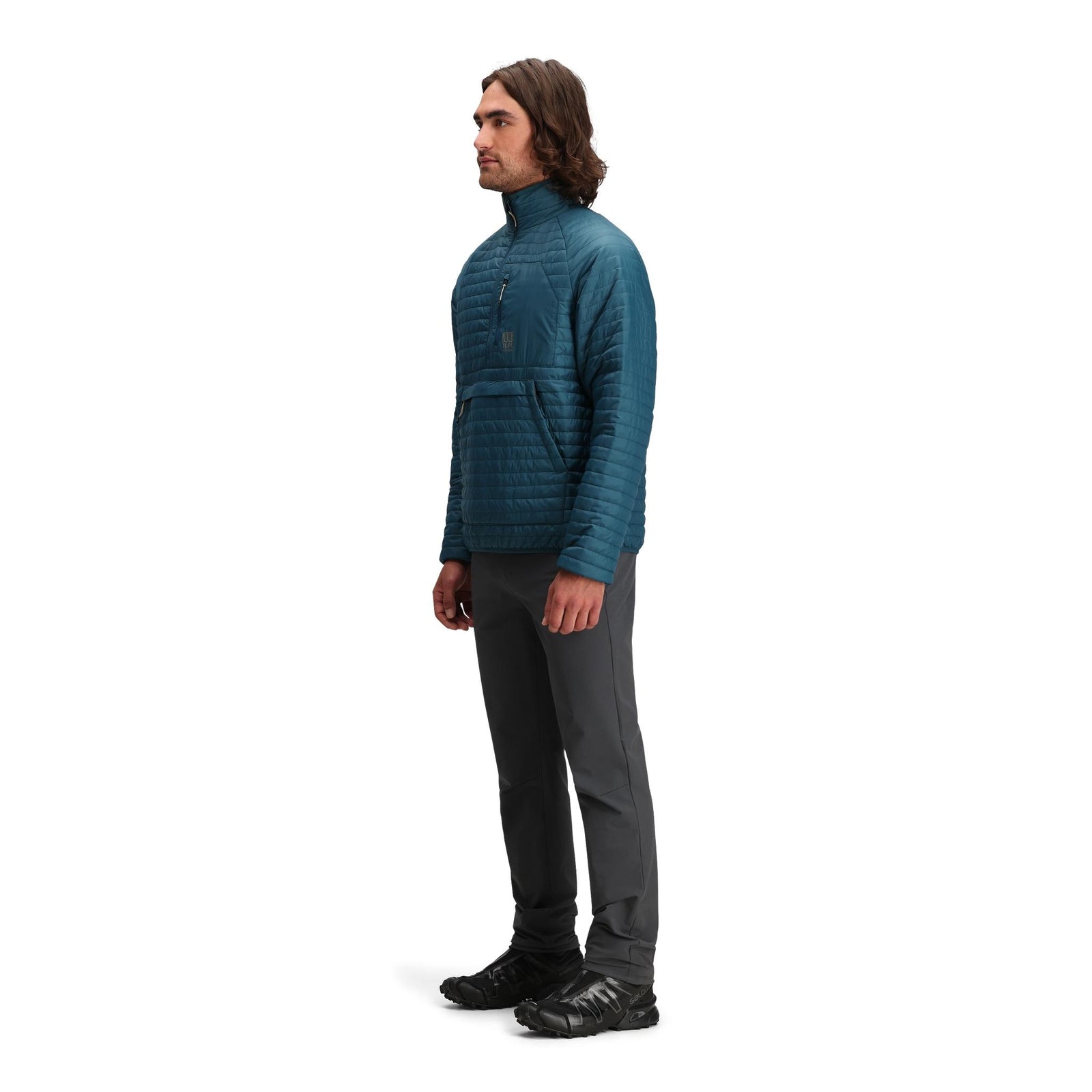 General side model shot of Topo Designs Global Puffer Pullover - Men's  in "Pond Blue"