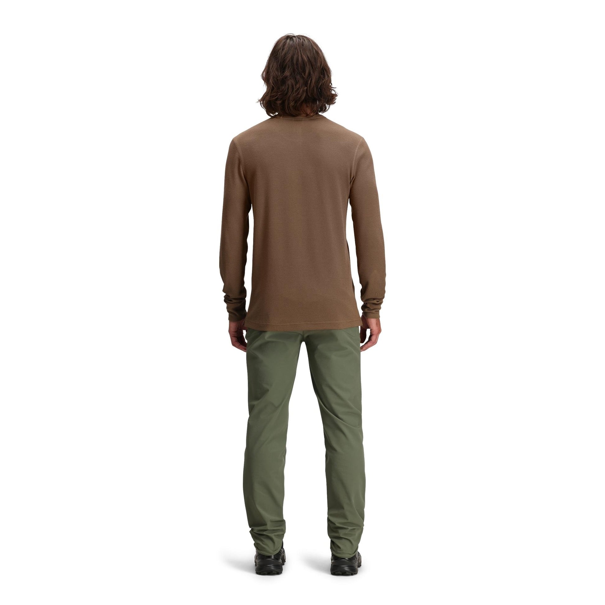 General back model shot of Topo Designs Global Waffle Crew - Men's in "Desert Palm"