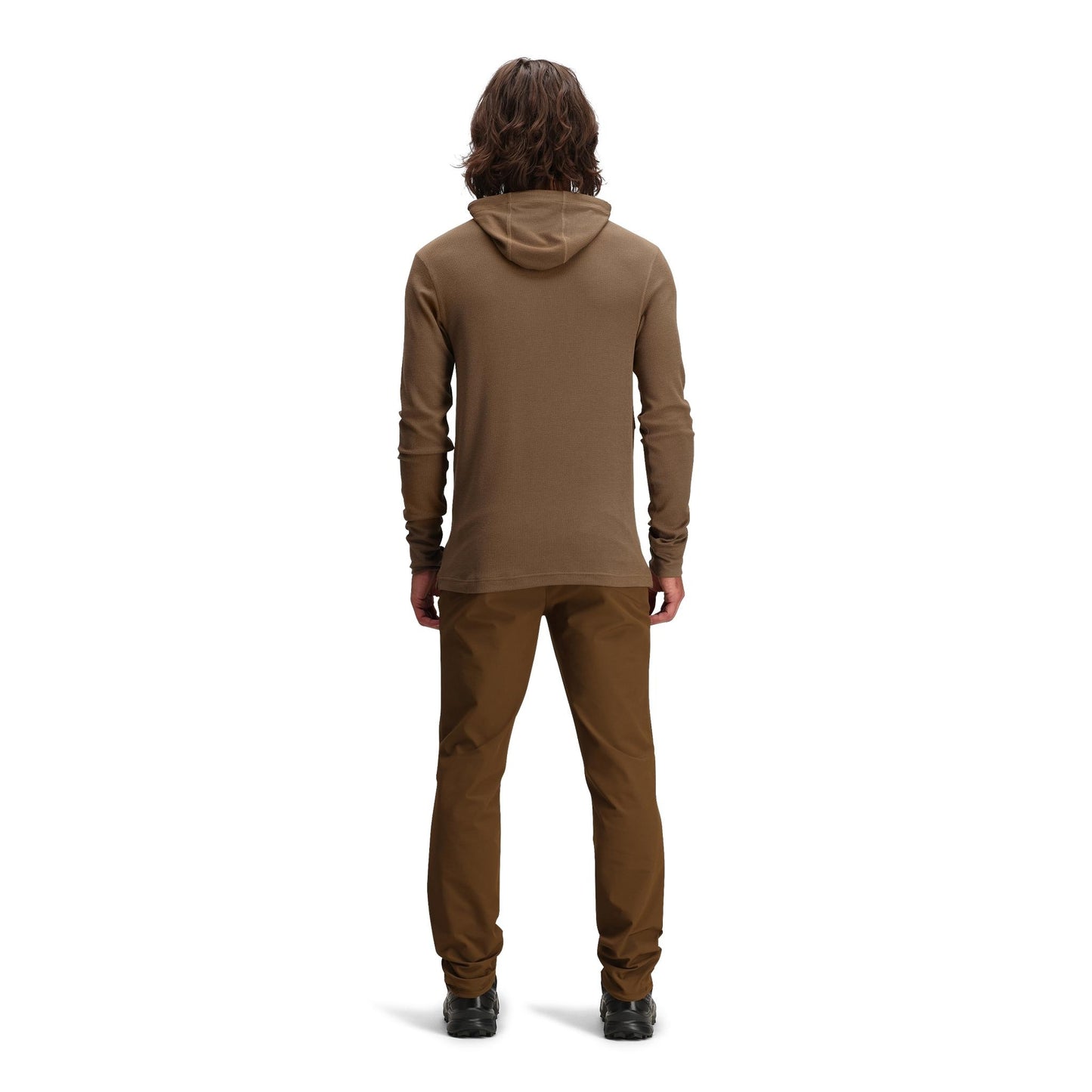 General back model shot of Topo Designs Global Waffle Hoodie - Men's in "Desert Palm"