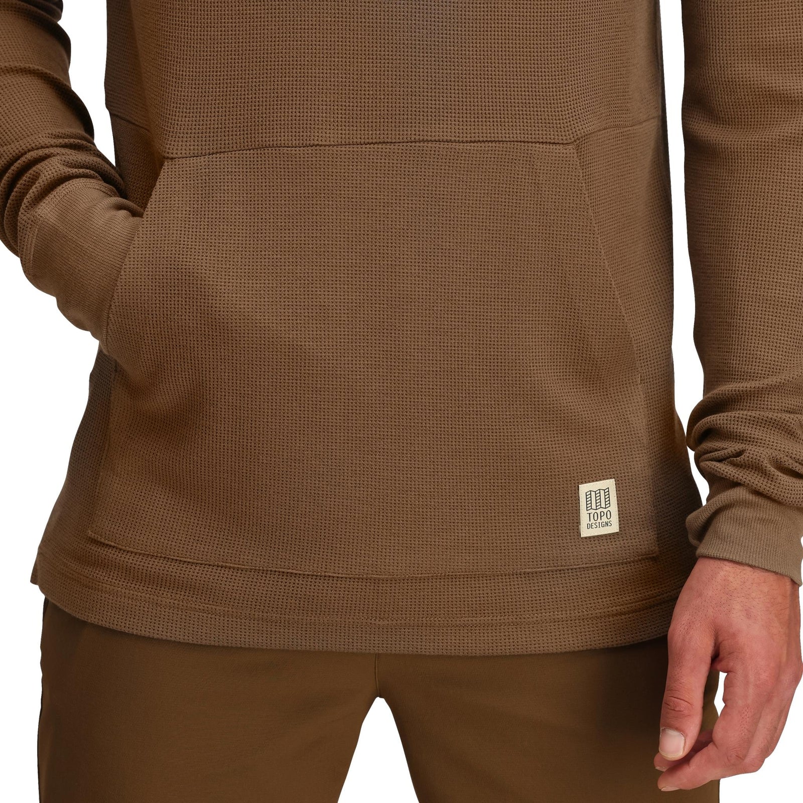 General Detail shot of Topo Designs Global Waffle Hoodie - Men's in "Desert Palm"