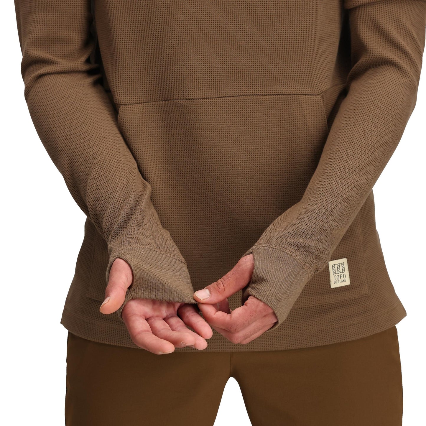 General Detail shot of Topo Designs Global Waffle Hoodie - Men's in "Desert Palm"