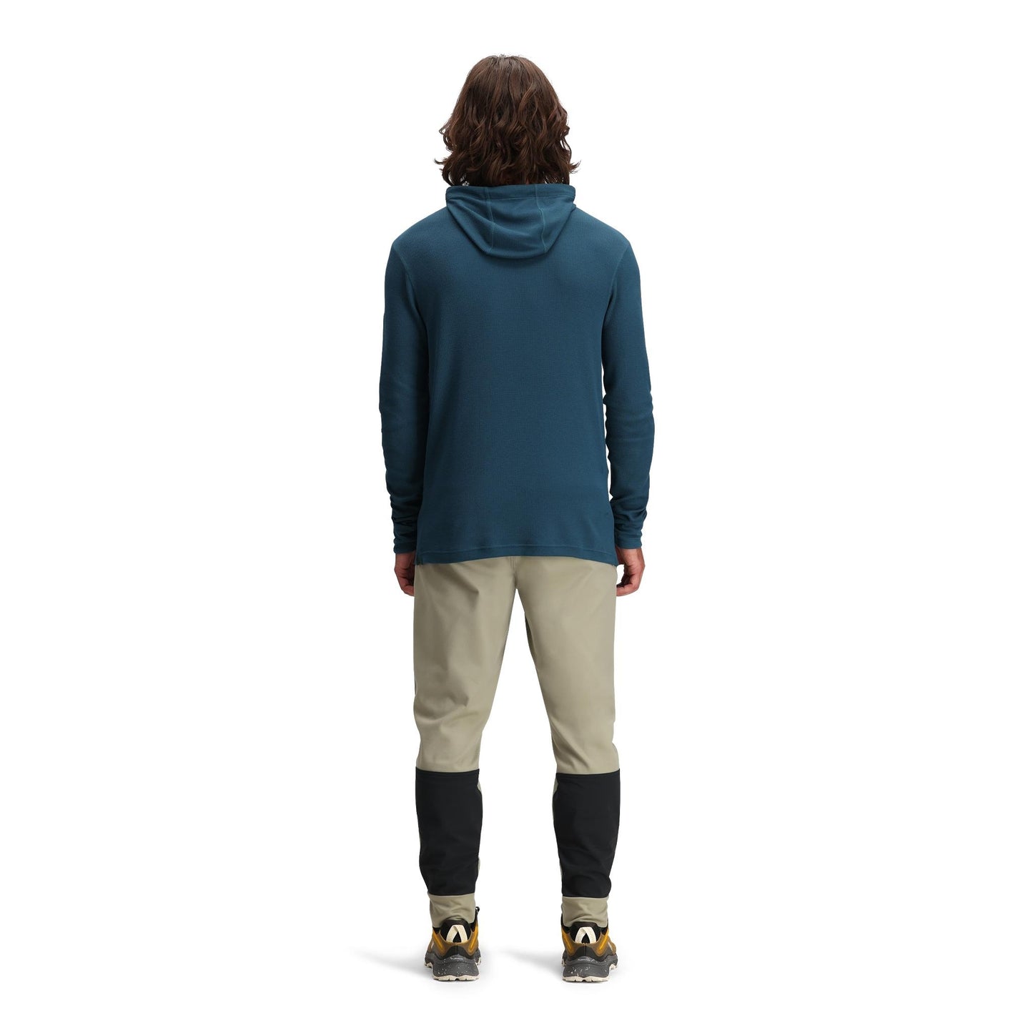 General back model shot of Topo Designs Global Waffle Hoodie - Men's in "Pond Blue"