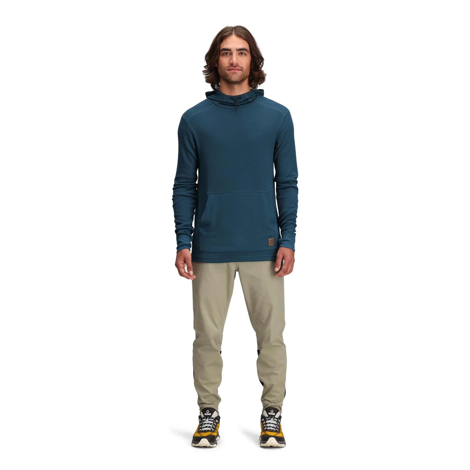 General front model shot of Topo Designs Global Waffle Hoodie - Men's in "Pond Blue"