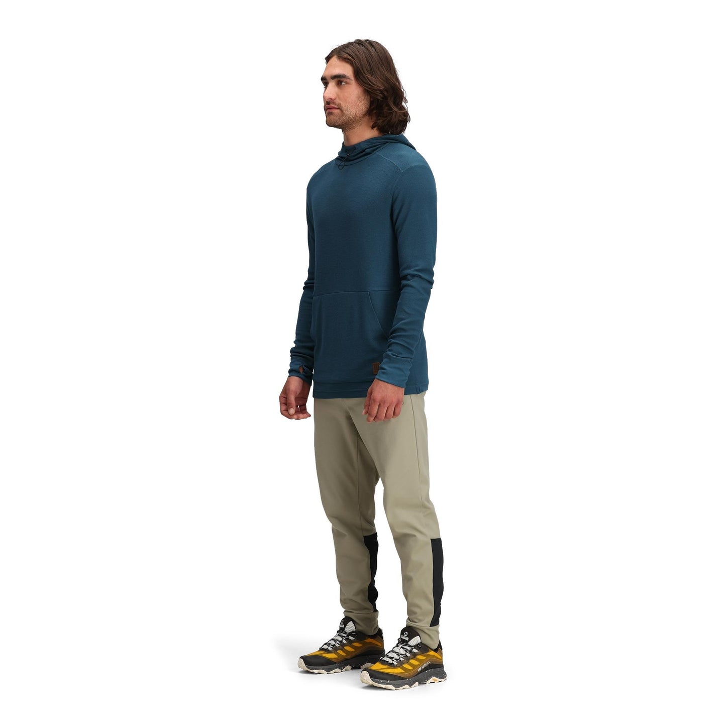 General side model shot of Topo Designs Global Waffle Hoodie - Men's in "Pond Blue"