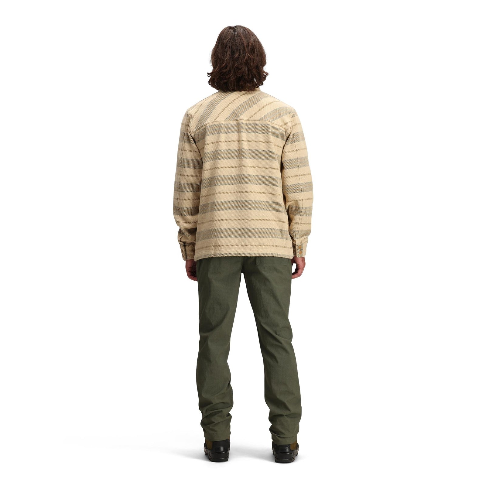 General back model shot of Topo Designs Mountain Shirt Jacket - Men's in "Sahara Stripe Multi"