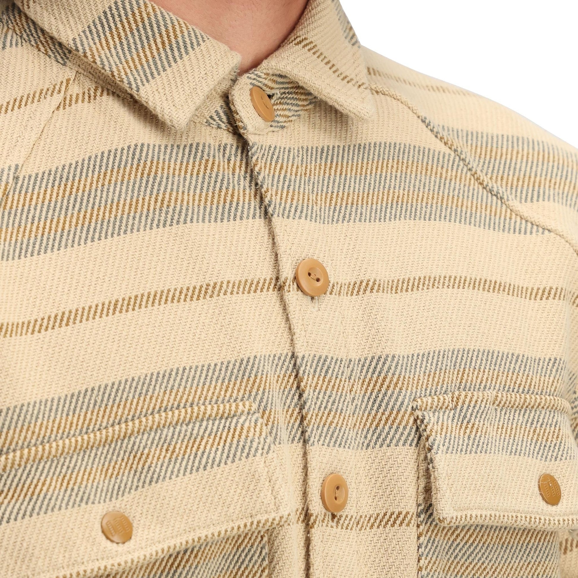 General Detail shot of Topo Designs Mountain Shirt Jacket - Men's in "Sahara Stripe Multi"