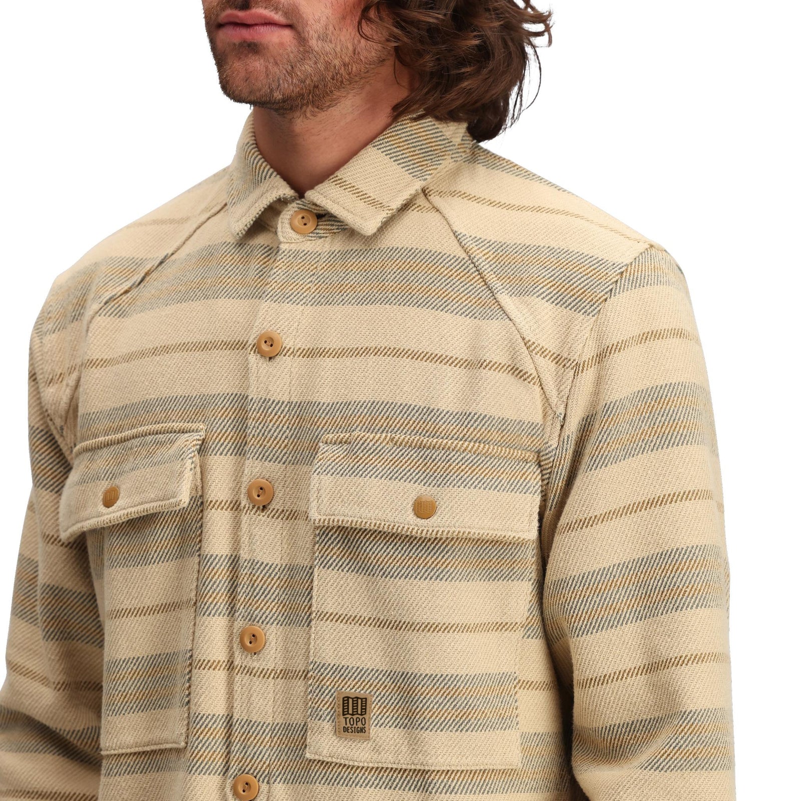 General Detail shot of Topo Designs Mountain Shirt Jacket - Men's in "Sahara Stripe Multi"