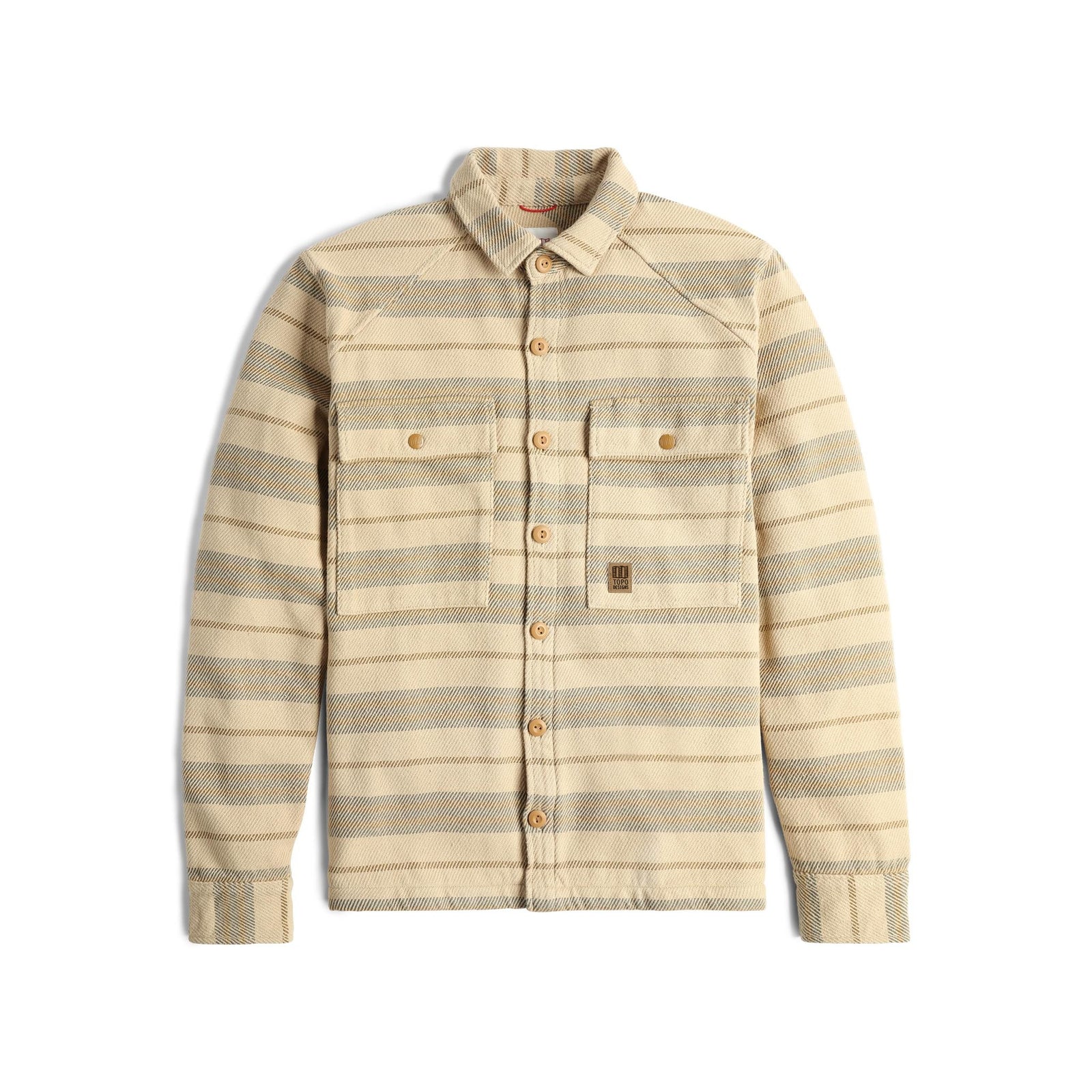 Front View of Topo Designs Mountain Shirt Jacket - Men's in "Sahara Stripe Multi"