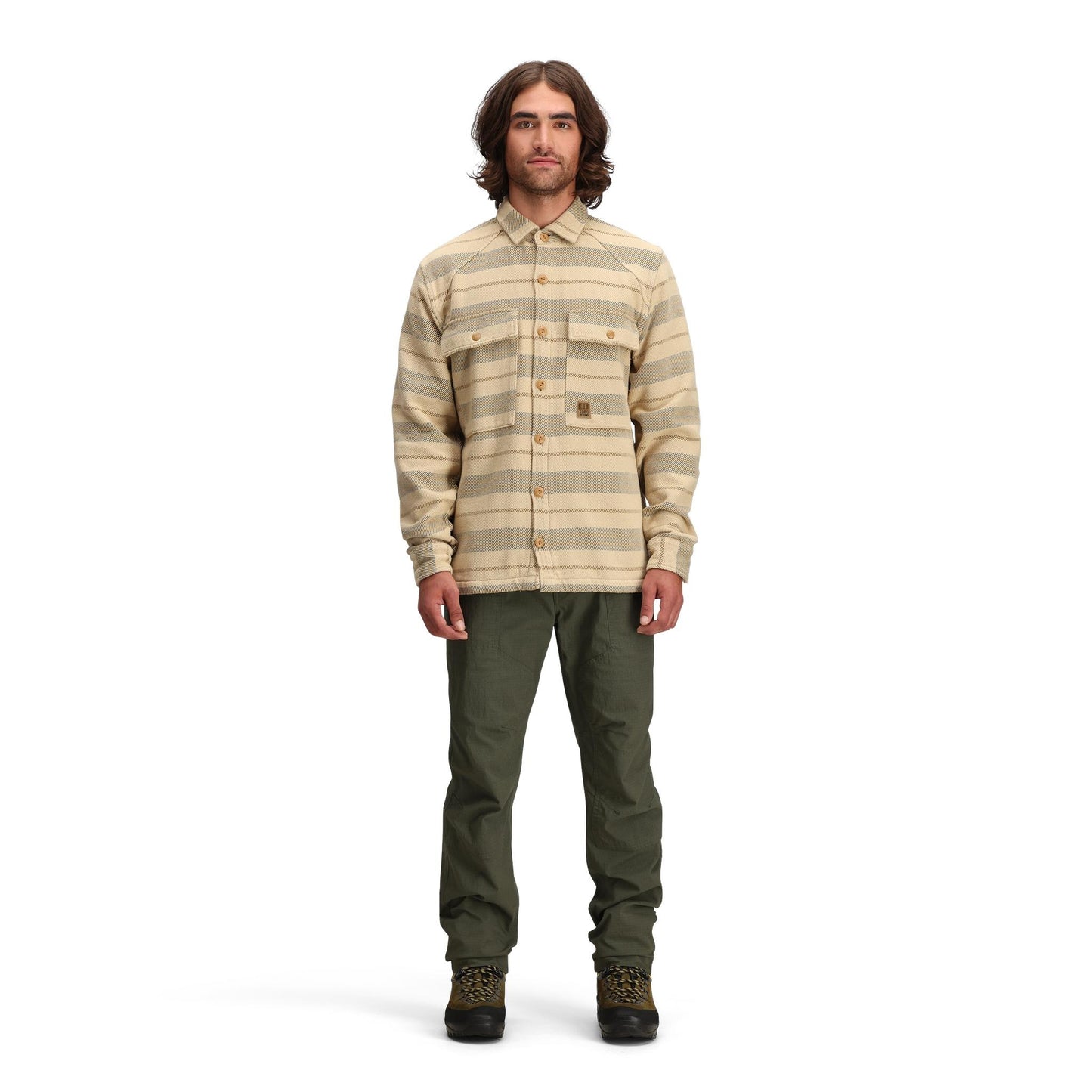 General front model shot of Topo Designs Mountain Shirt Jacket - Men's in "Sahara Stripe Multi"