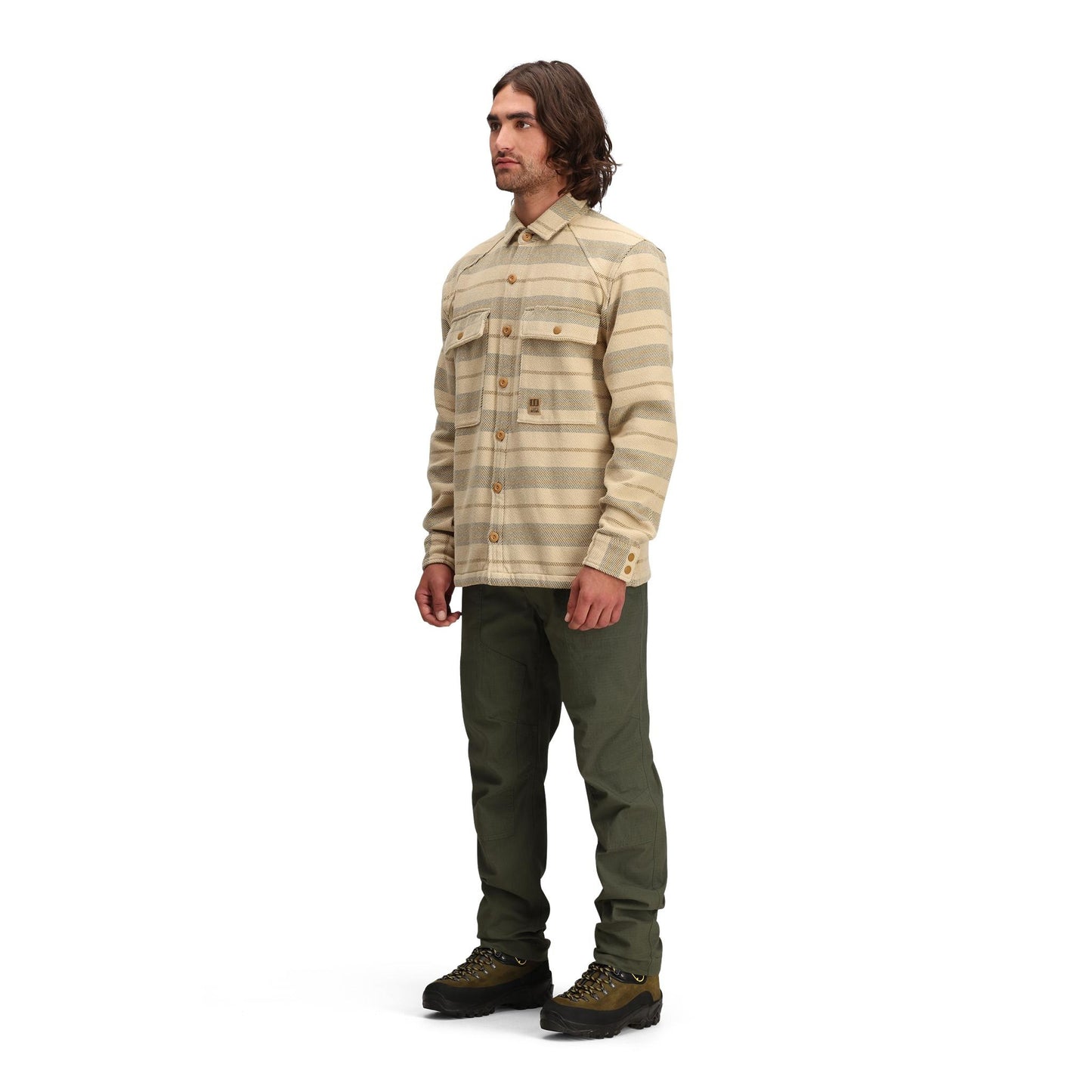 General side model shot of Topo Designs Mountain Shirt Jacket - Men's in "Sahara Stripe Multi"