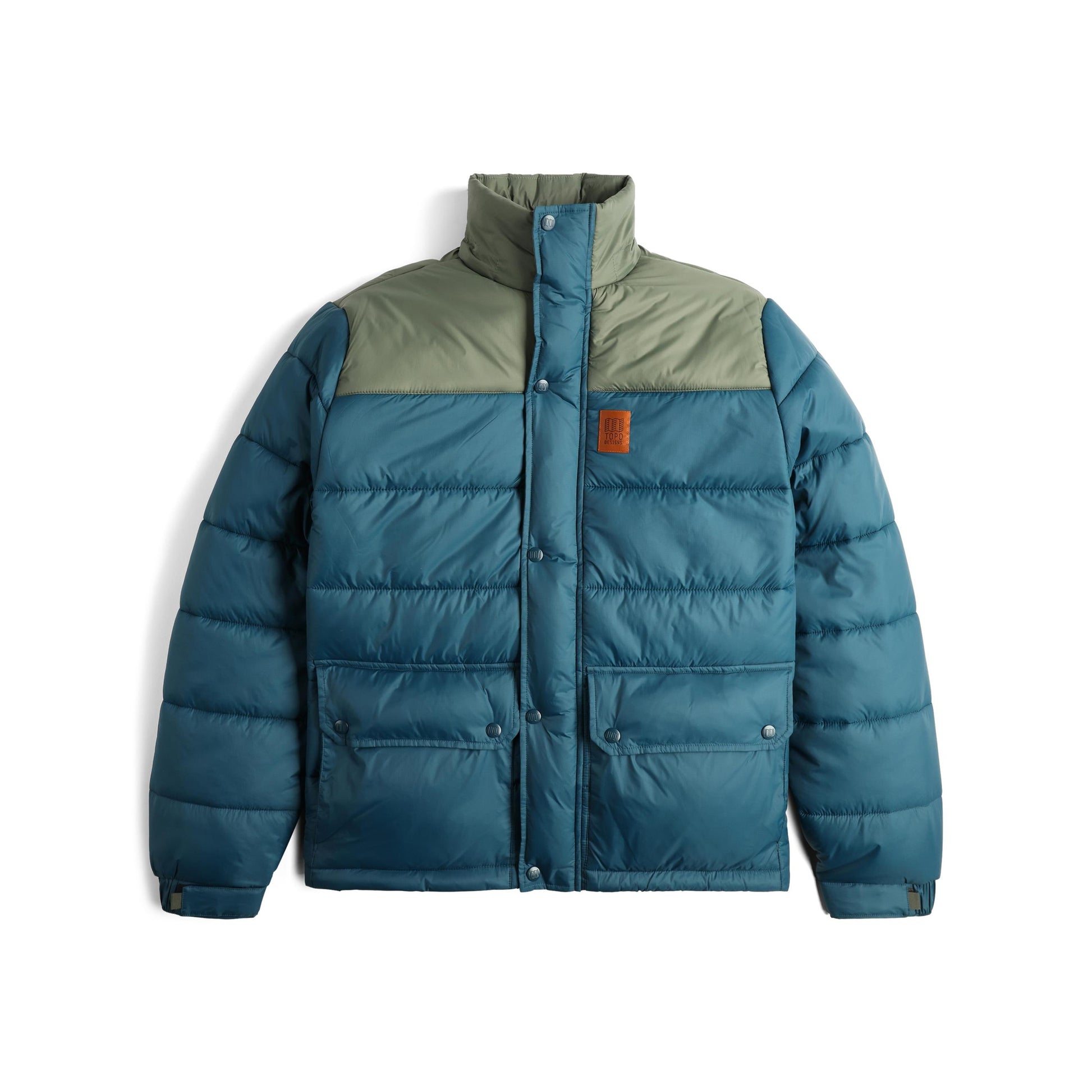 Front View of Topo Designs Retro Ridge Puffer Jacket - Men's  in "Pond Blue / Beetle"