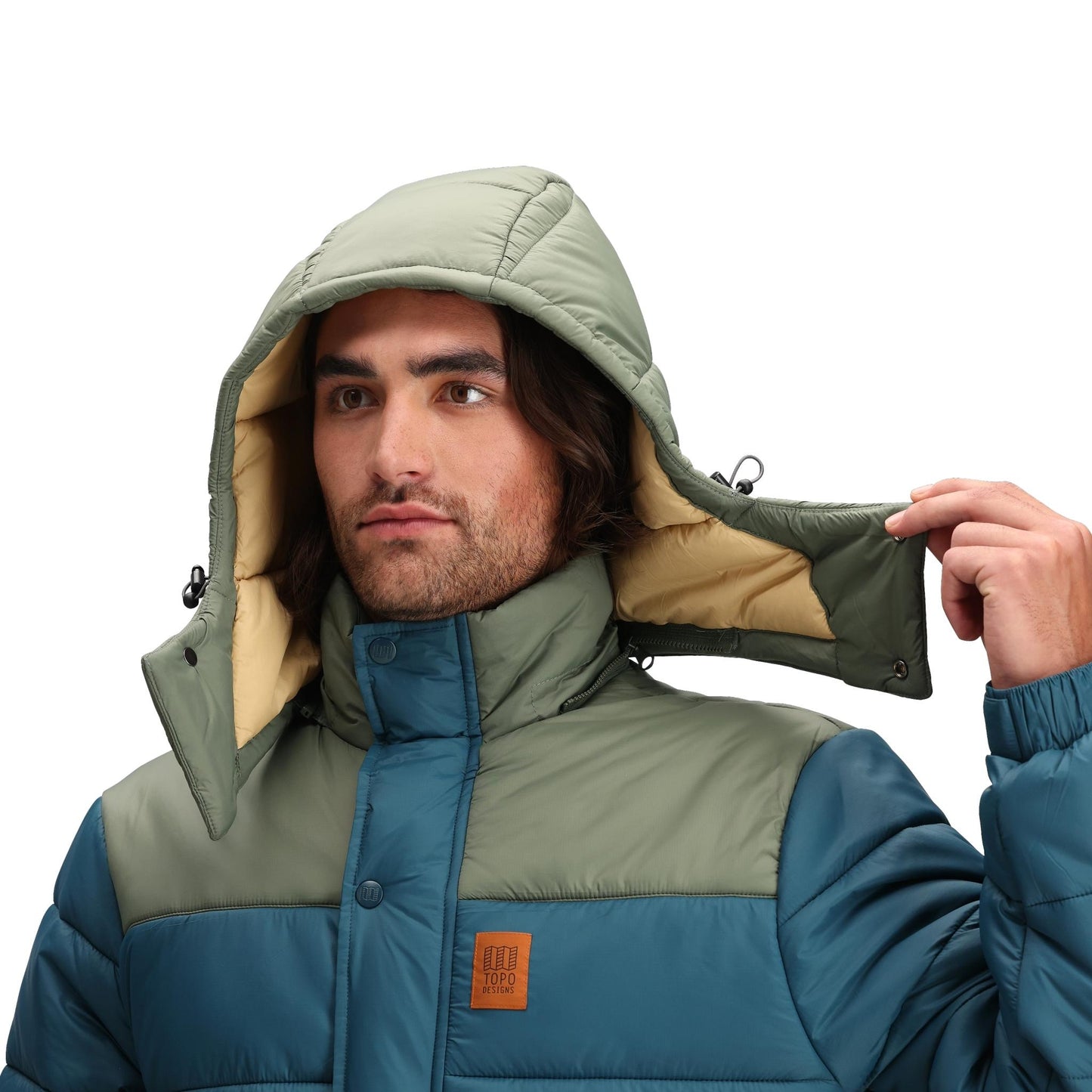 General Detail shot of Topo Designs Retro Ridge Puffer Jacket - Men's  in "Pond Blue / Beetle"