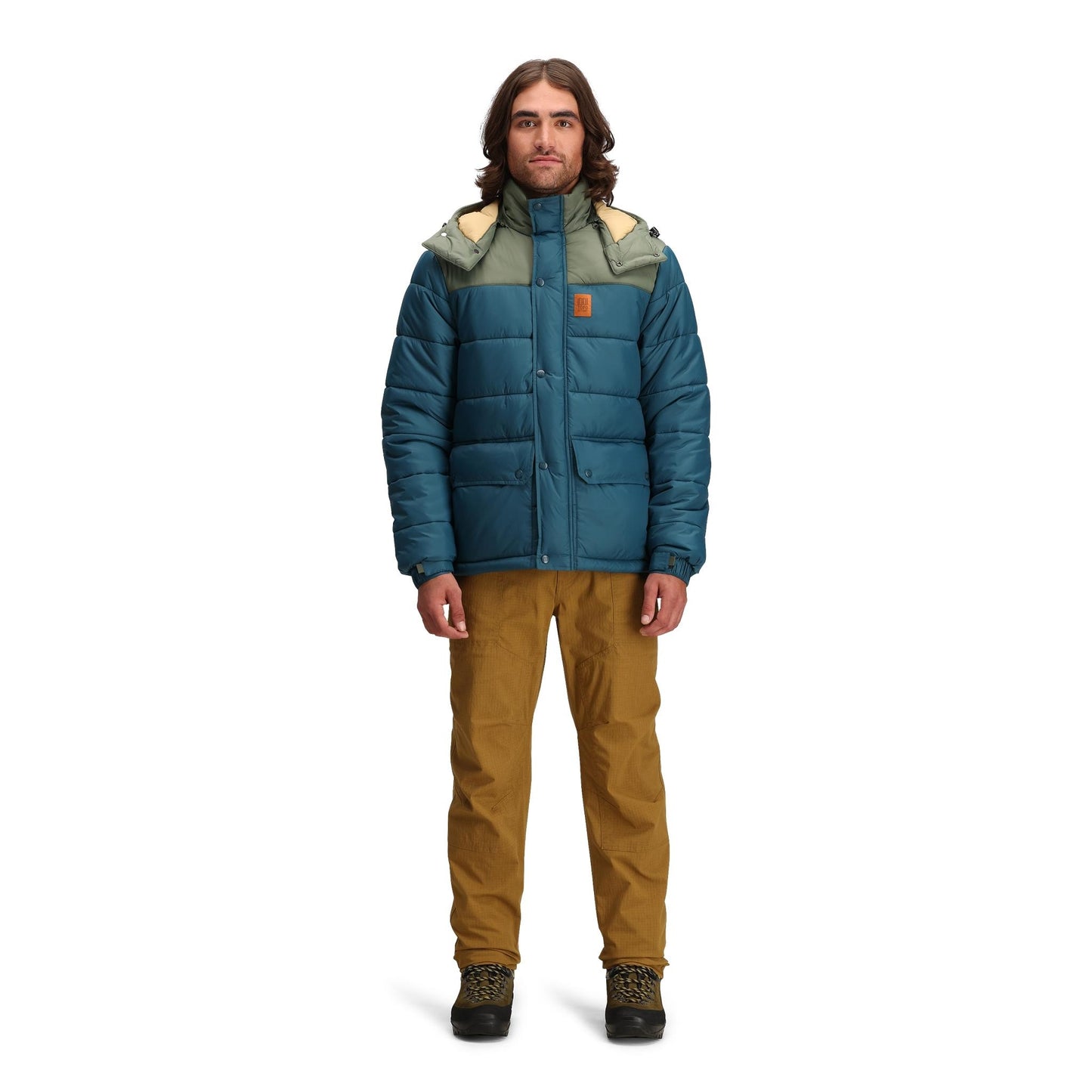 General front model shot of Topo Designs Retro Ridge Puffer Jacket - Men's  in "Pond Blue / Beetle"