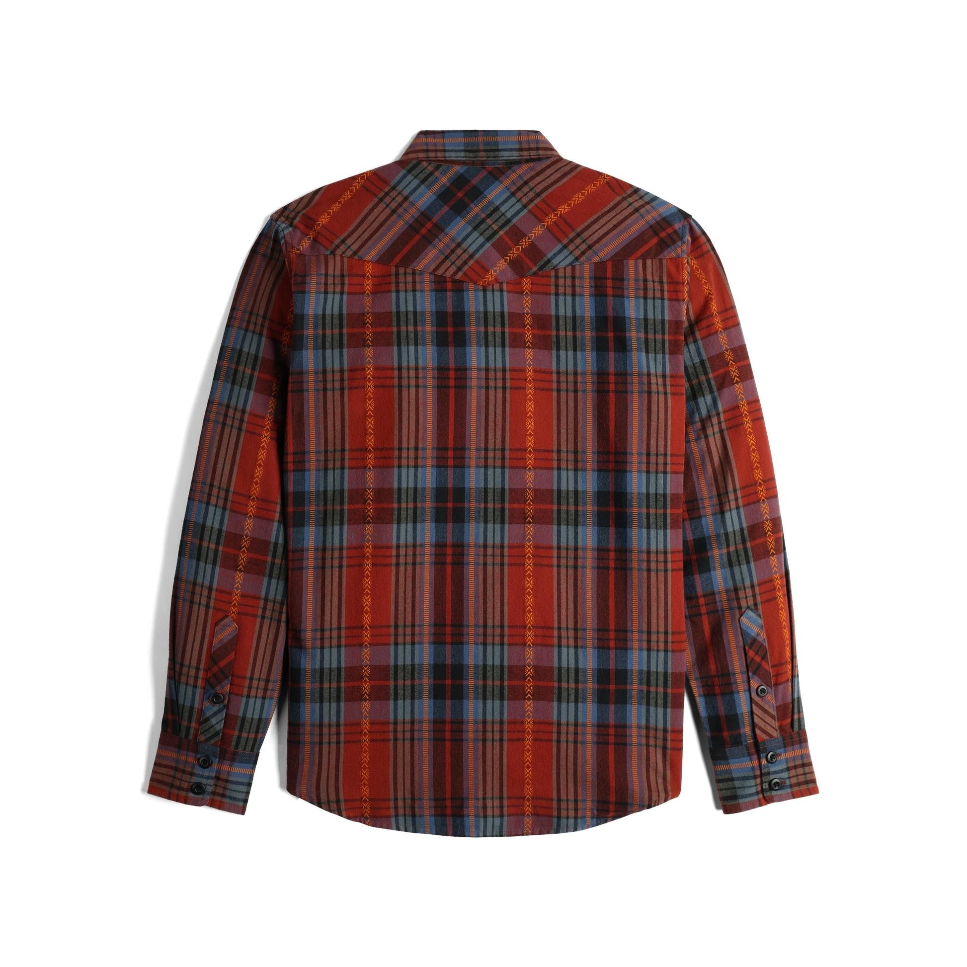 Back View of Topo Designs Mountain Shirt Long Sleeve - Men's in "Fire Brick Multi Plaid"