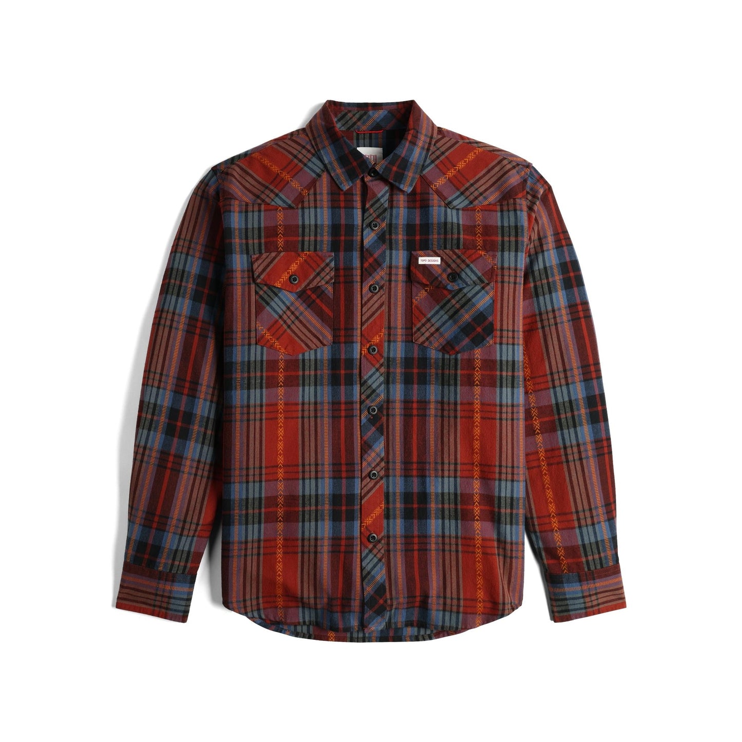 Front View of Topo Designs Mountain Shirt Long Sleeve - Men's in "Fire Brick Multi Plaid"