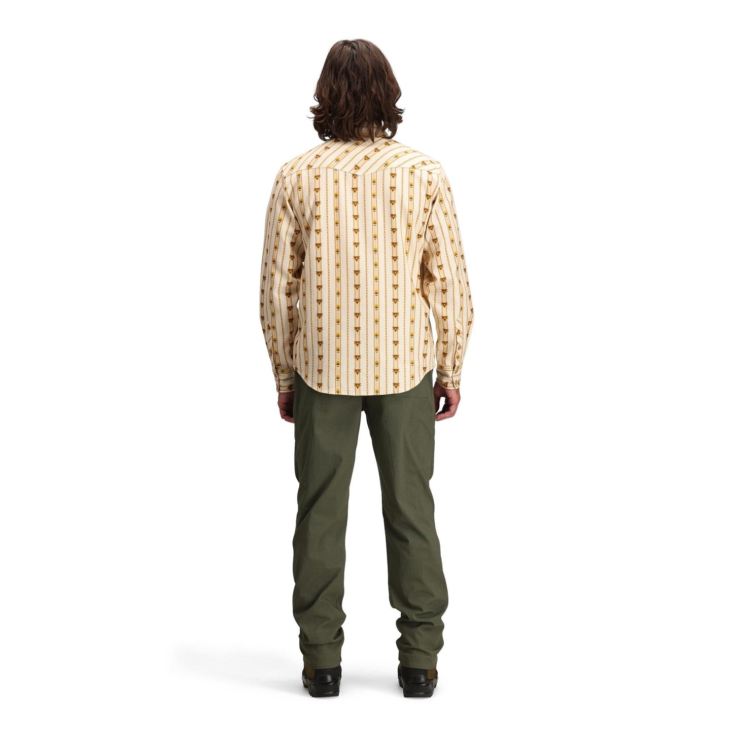 General back model shot of Topo Designs Mountain Shirt Long Sleeve - Men's in "Mountain Angle Bone White"