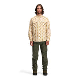 fRont model shot of Topo Designs Mountain Shirt Long Sleeve - Men's in "Mountain Angle Bone White"