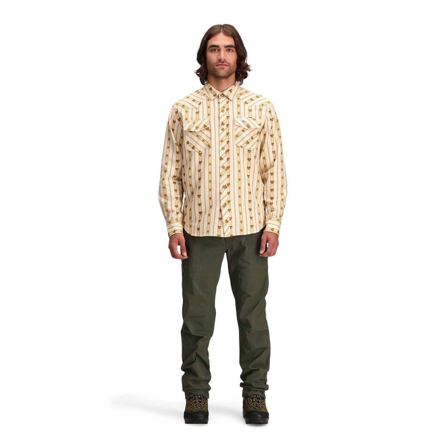 General front model shot of Topo Designs Mountain Shirt Long Sleeve - Men's in "Mountain Angle Bone White"