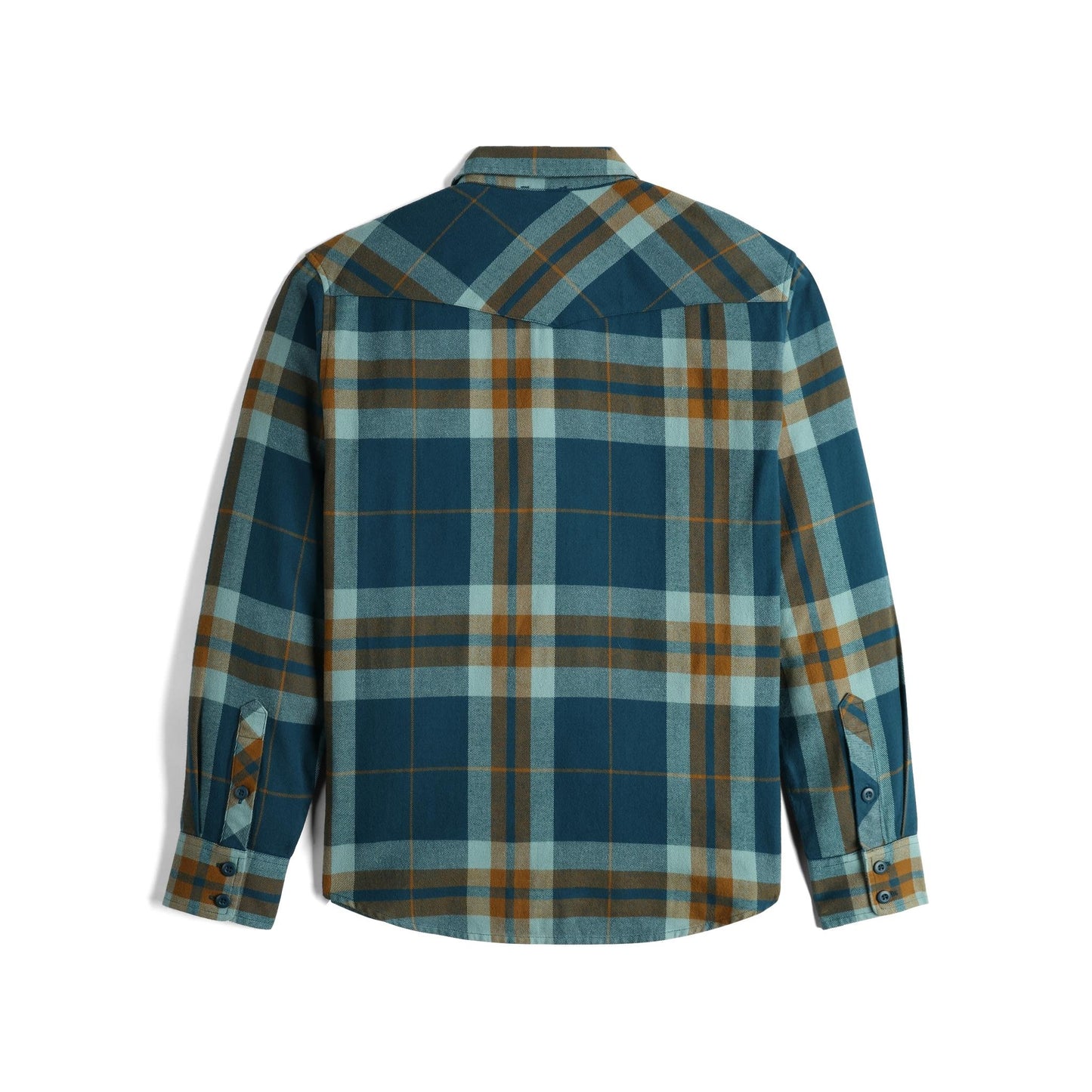 Back View of Topo Designs Mountain Shirt Long Sleeve - Men's in "Pond Blue / Khaki Multi Plaid"