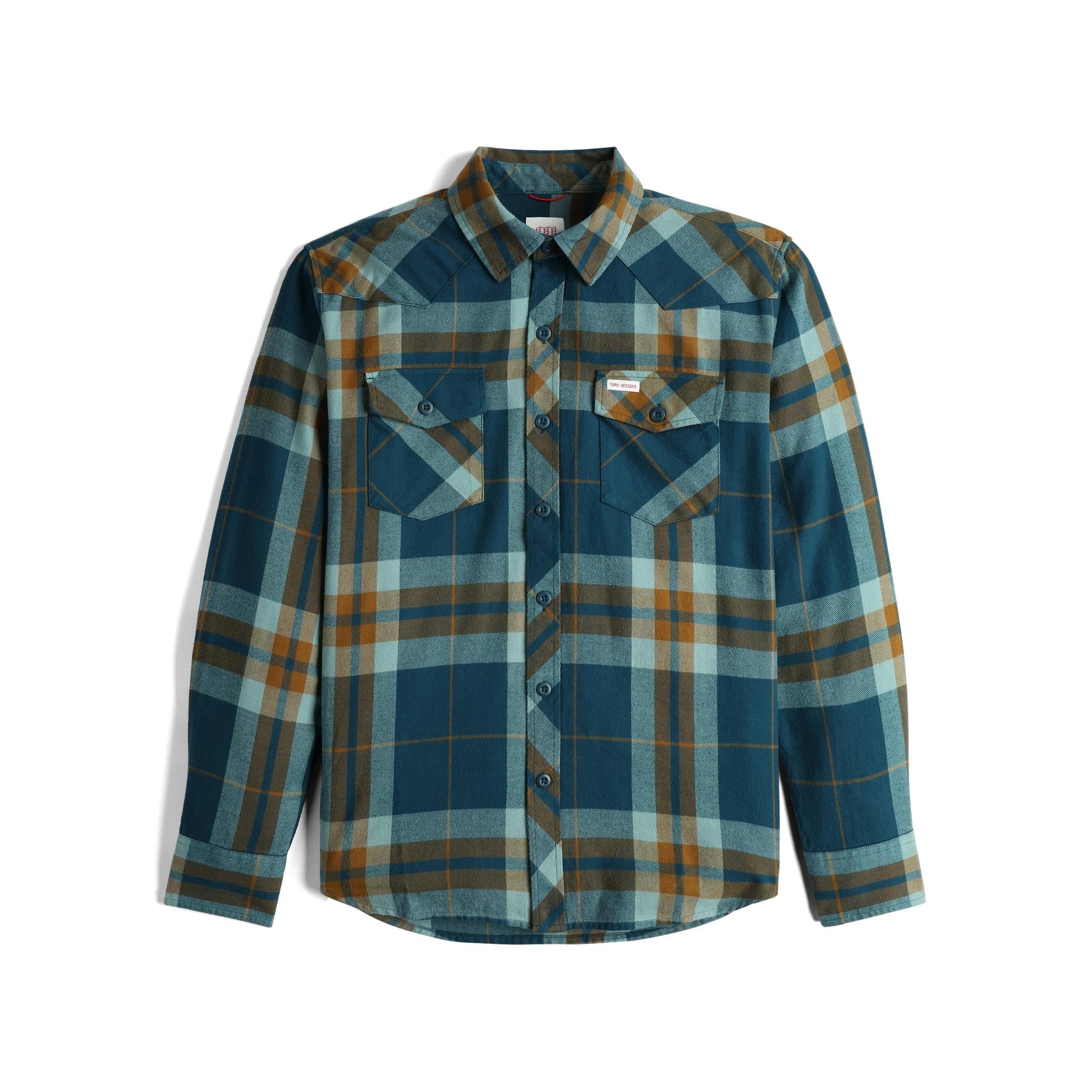 Front View of Topo Designs Mountain Shirt Long Sleeve - Men's in "Pond Blue / Khaki Multi Plaid"