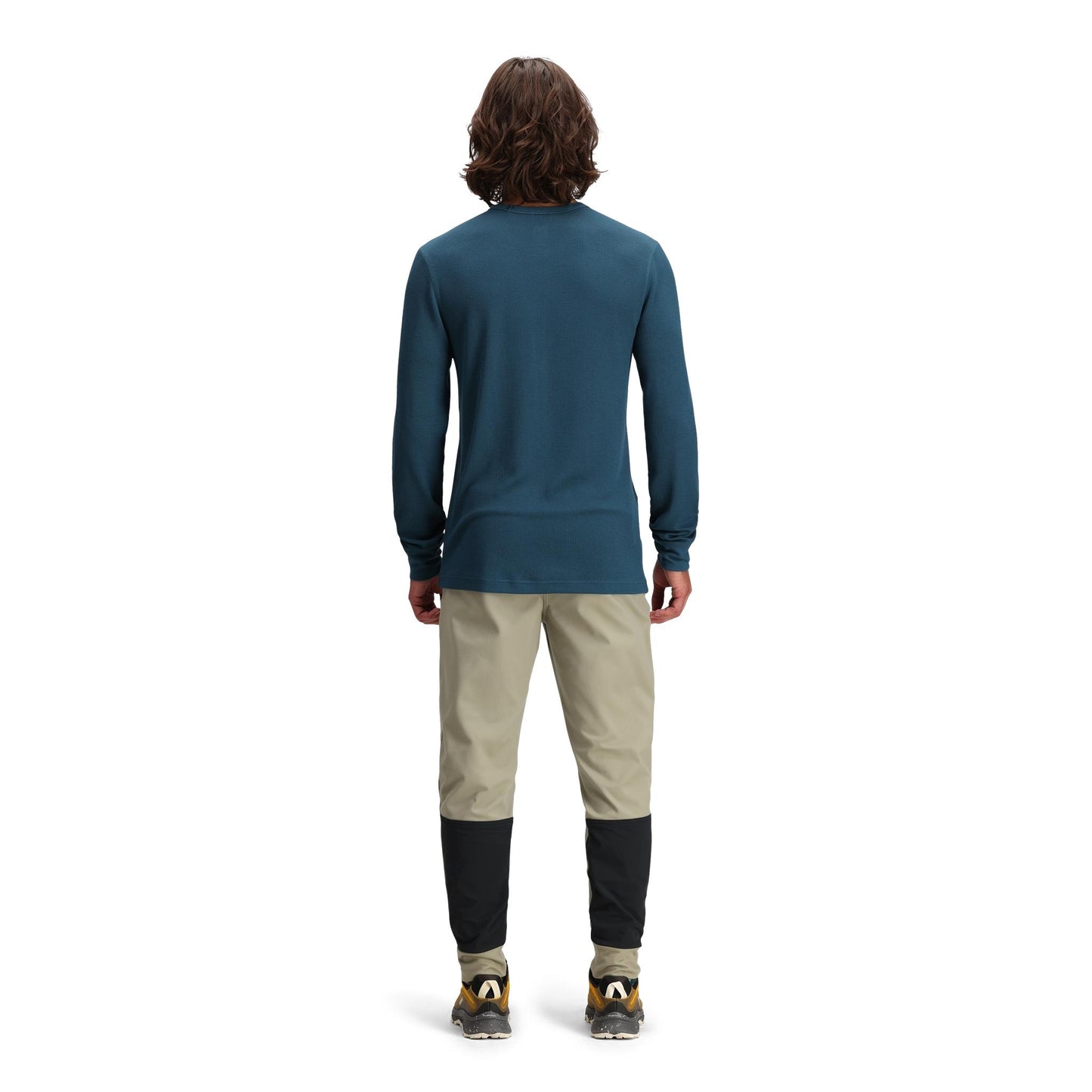 General back model shot of Topo Designs Global Waffle Crew - Men's in "Pond Blue"