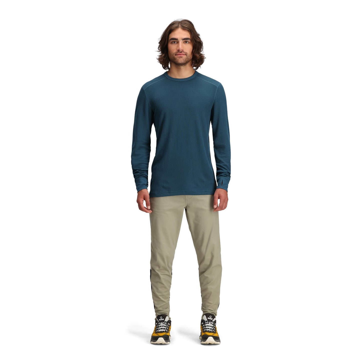 General front model shot of Topo Designs Global Waffle Crew - Men's in "Pond Blue"