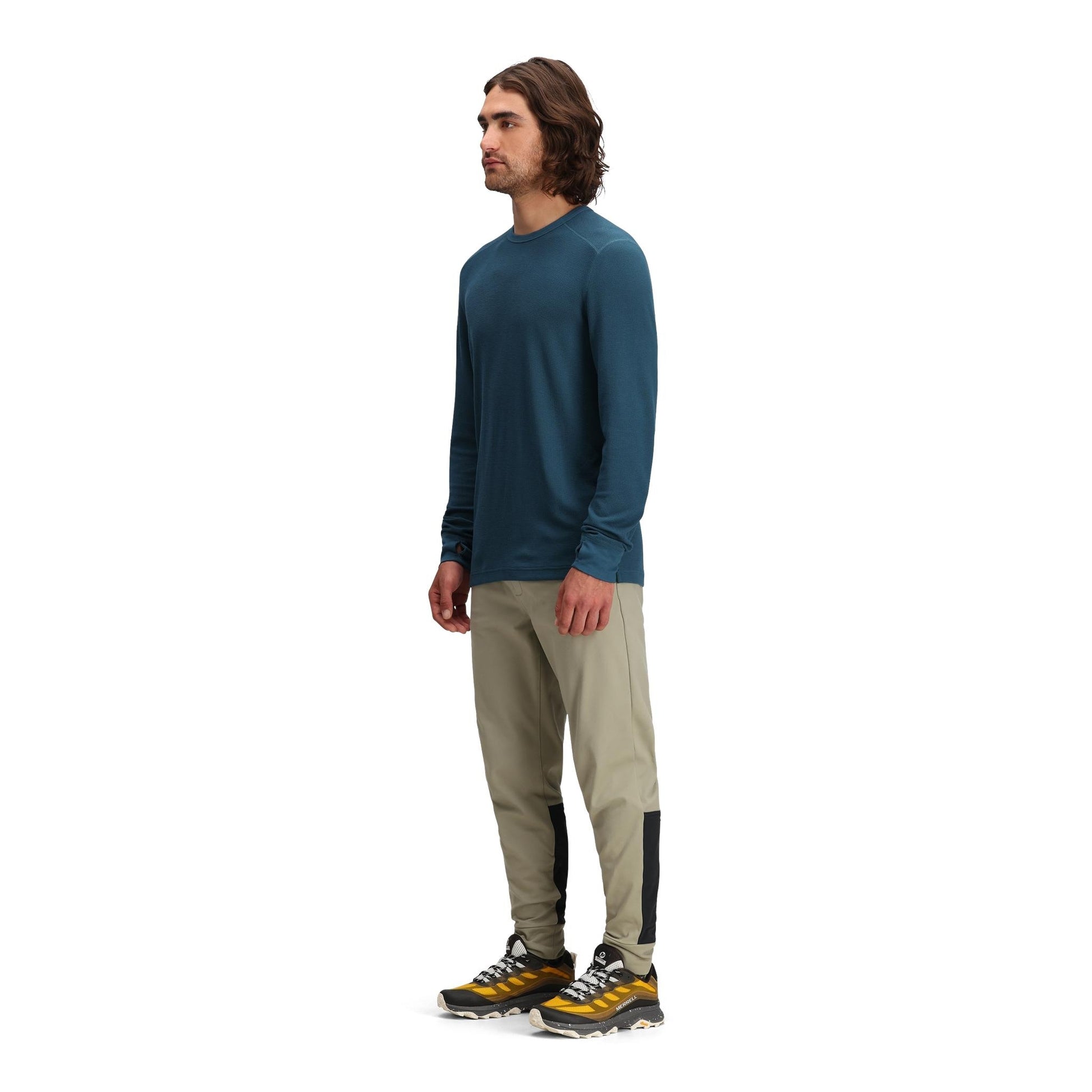 General side model shot of Topo Designs Global Waffle Crew - Men's in "Pond Blue"