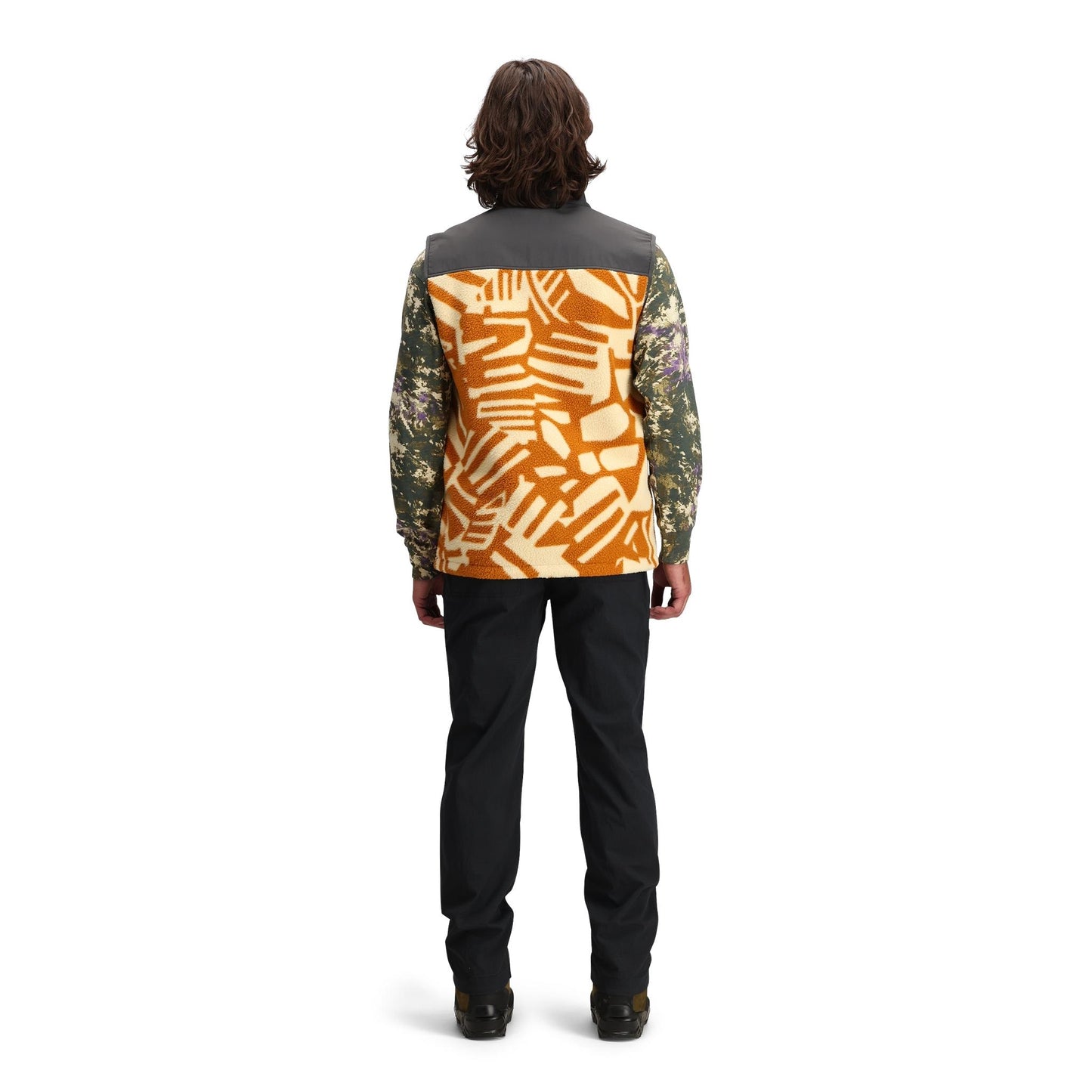 General back model shot of Topo Designs Subalpine Fleece Vest - Men's in "Zion Spice / Asphalt"