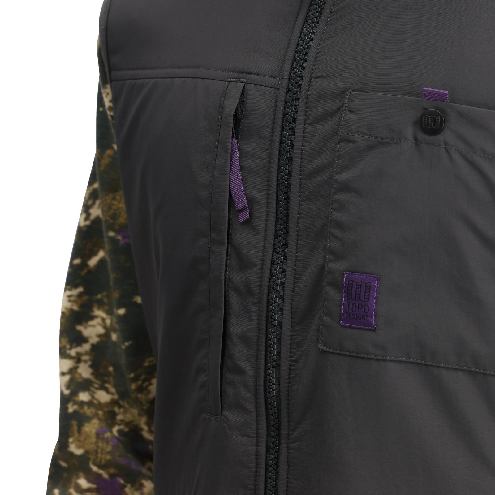 General Detail shot of Topo Designs Subalpine Fleece Vest - Men's in "Zion Spice / Asphalt"