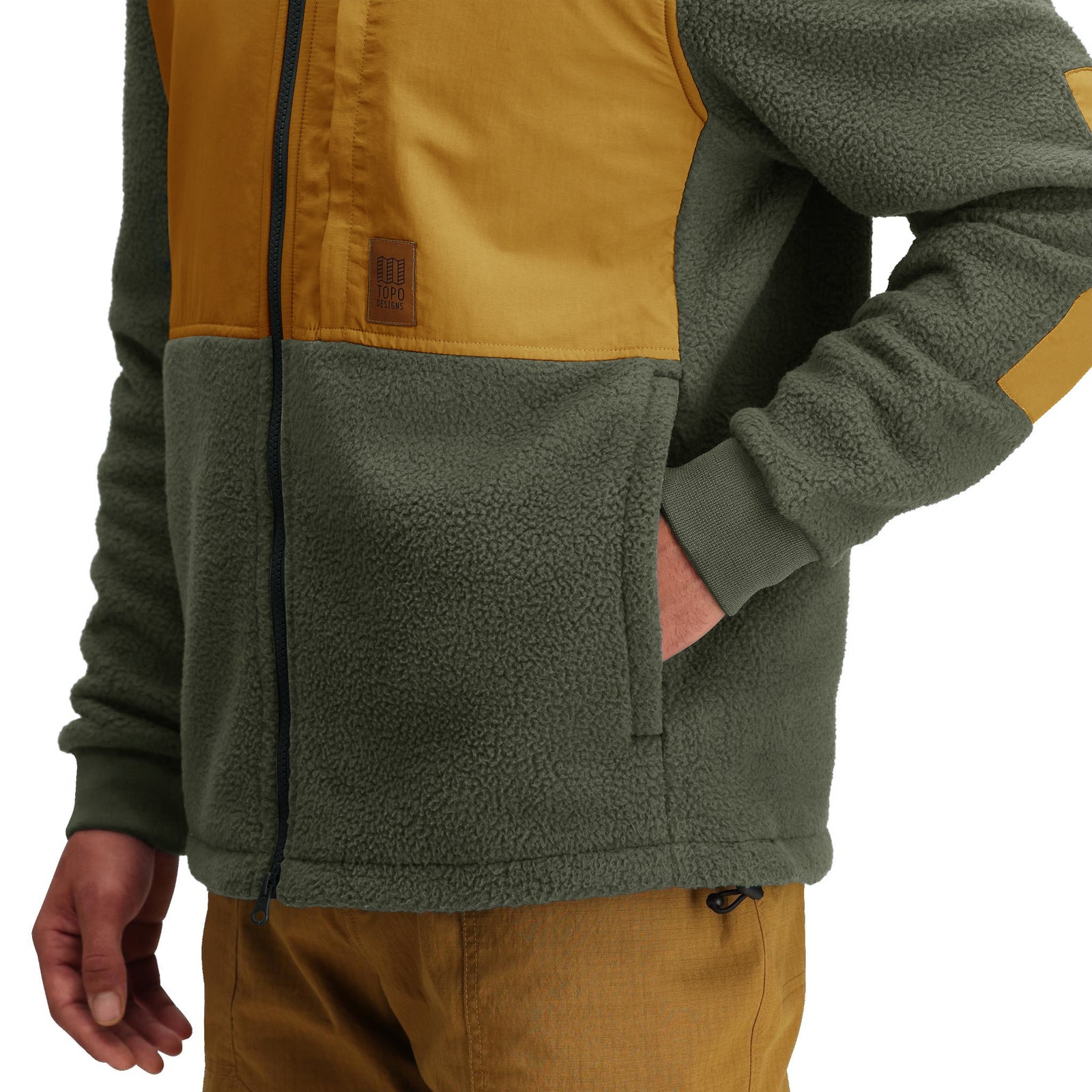 General detail shot of Topo Designs Summit Rise Full Zip Jacket - Men's in "Beetle / Dark Khaki"