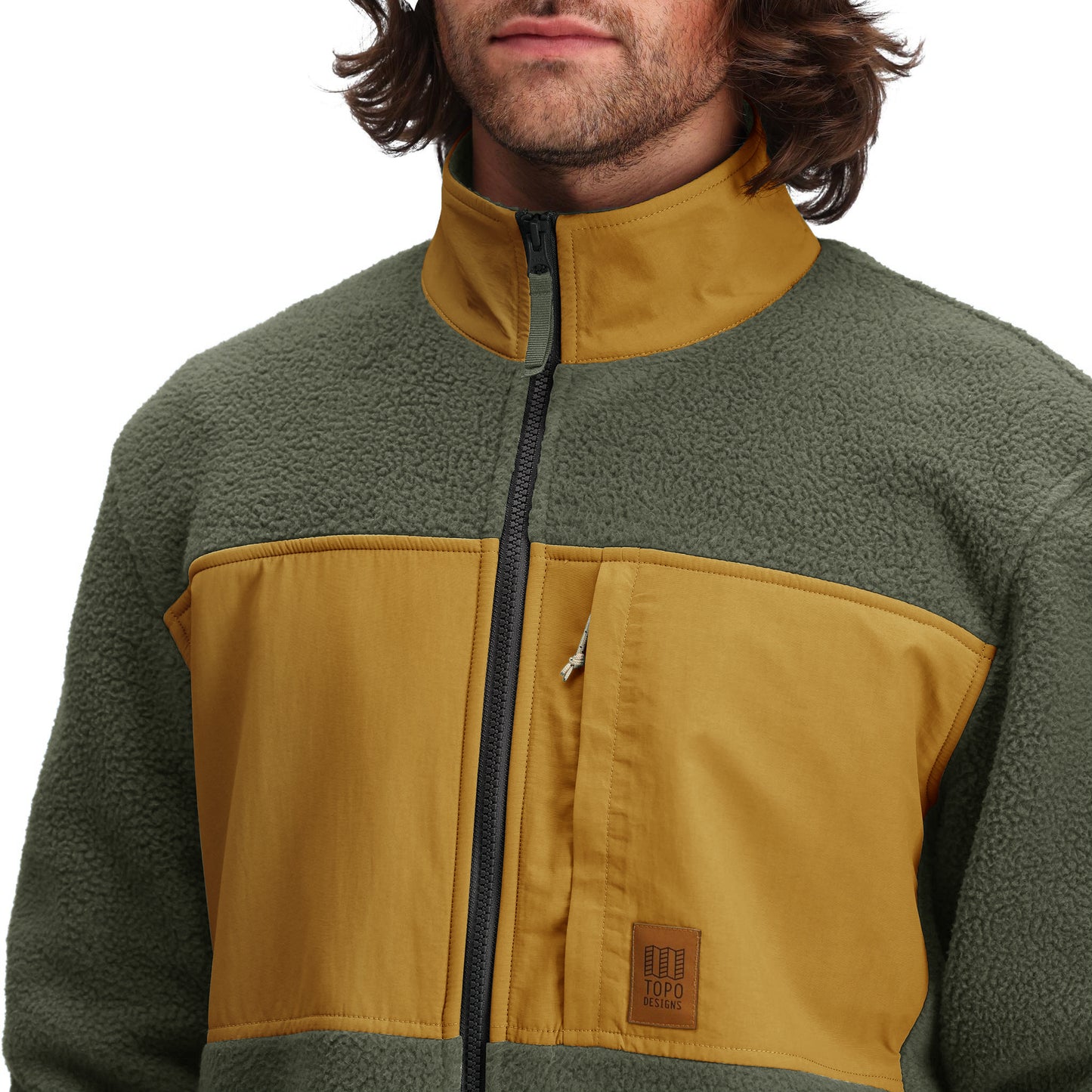 General detail shot of Topo Designs Summit Rise Full Zip Jacket - Men's in "Beetle / Dark Khaki"