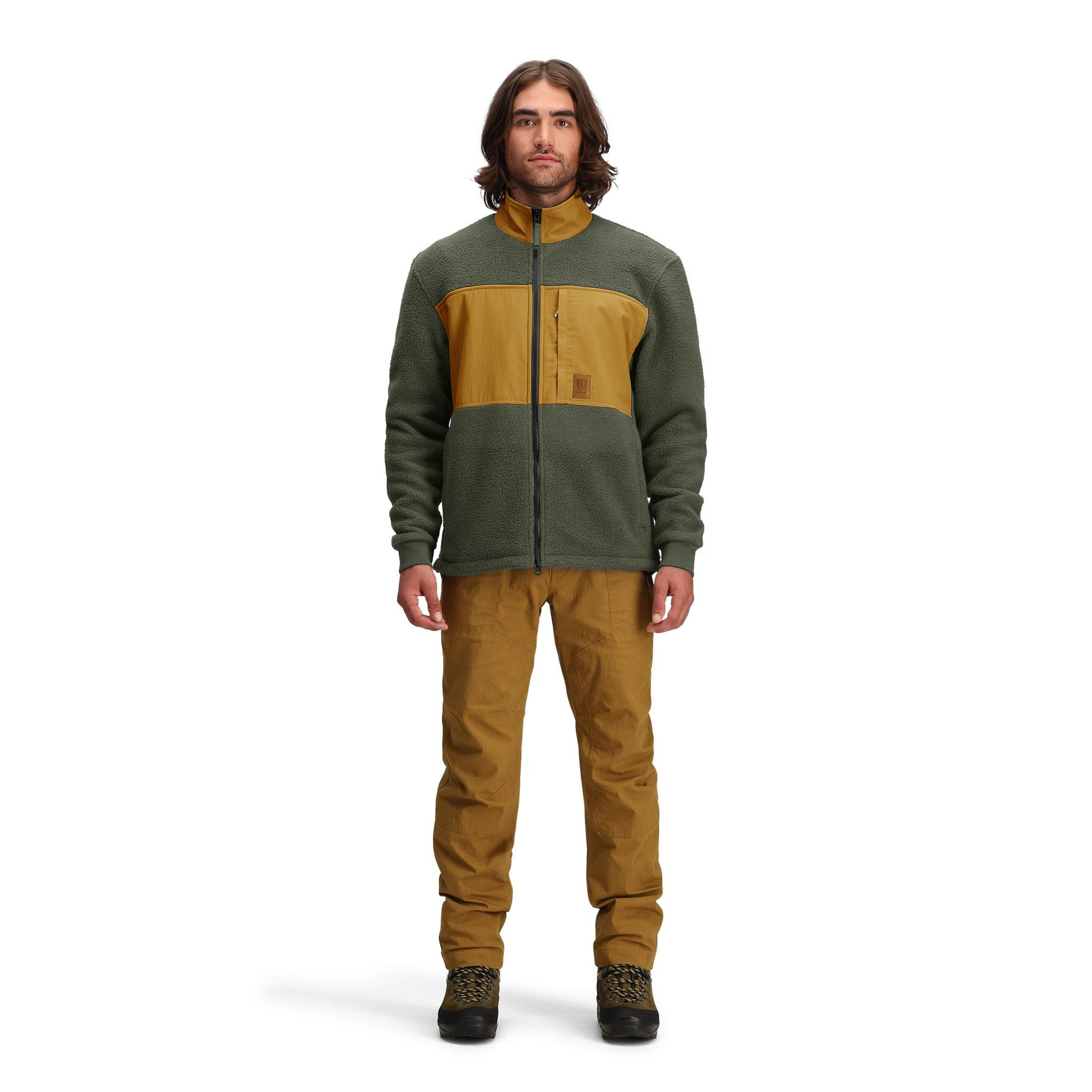 General front model shot of Topo Designs Summit Rise Full Zip Jacket - Men's in "Beetle / Dark Khaki"