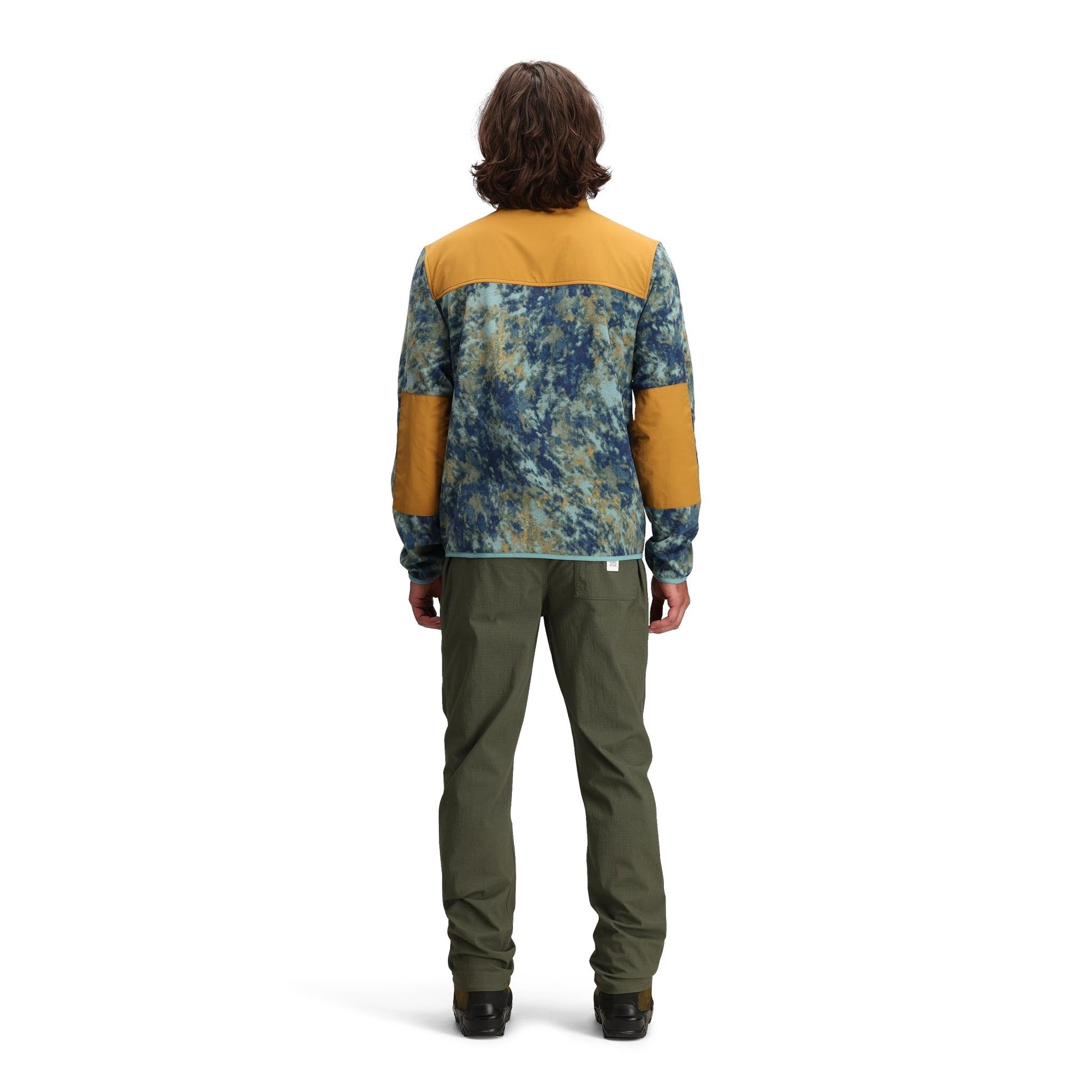 General back model shot of Topo Designs Vista 1/4 Zip Lightweight Fleece - Men's in "Pond Blue Storm / Khaki"