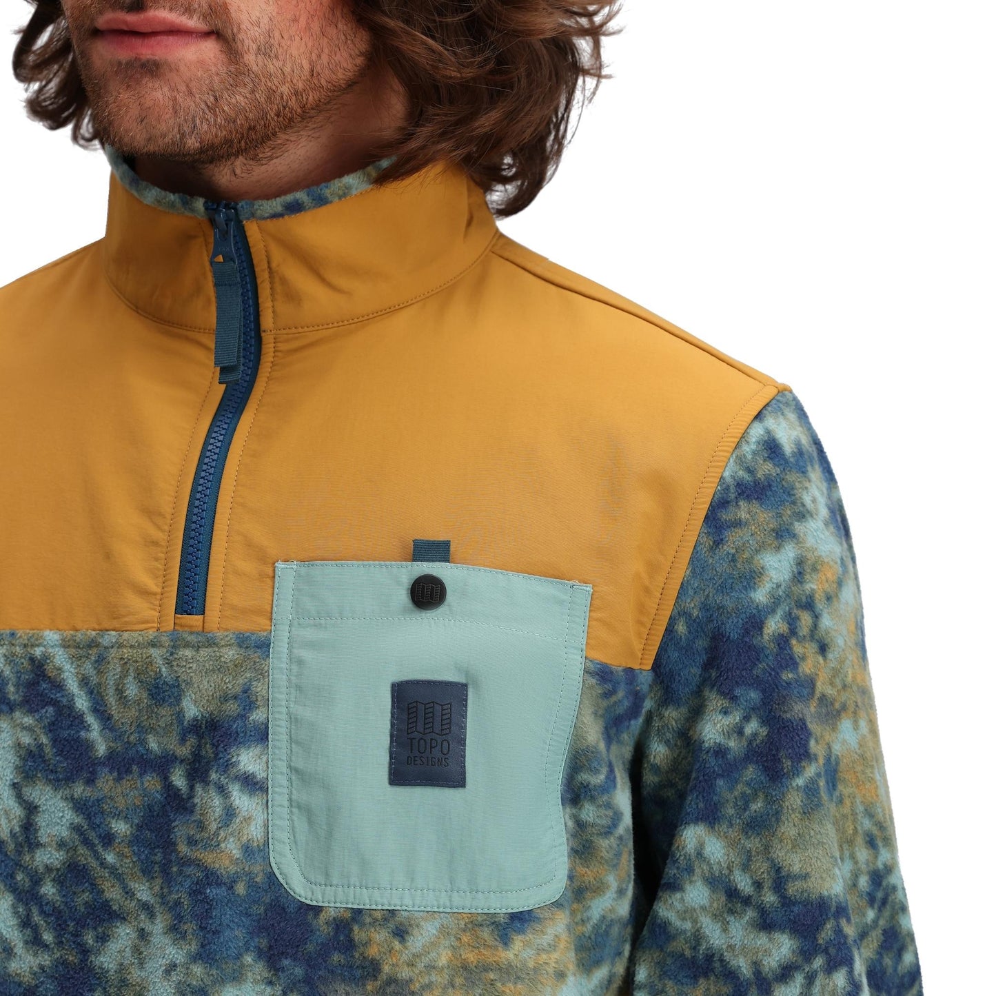 General Detail shot of Topo Designs Vista 1/4 Zip Lightweight Fleece - Men's in "Pond Blue Storm / Khaki"