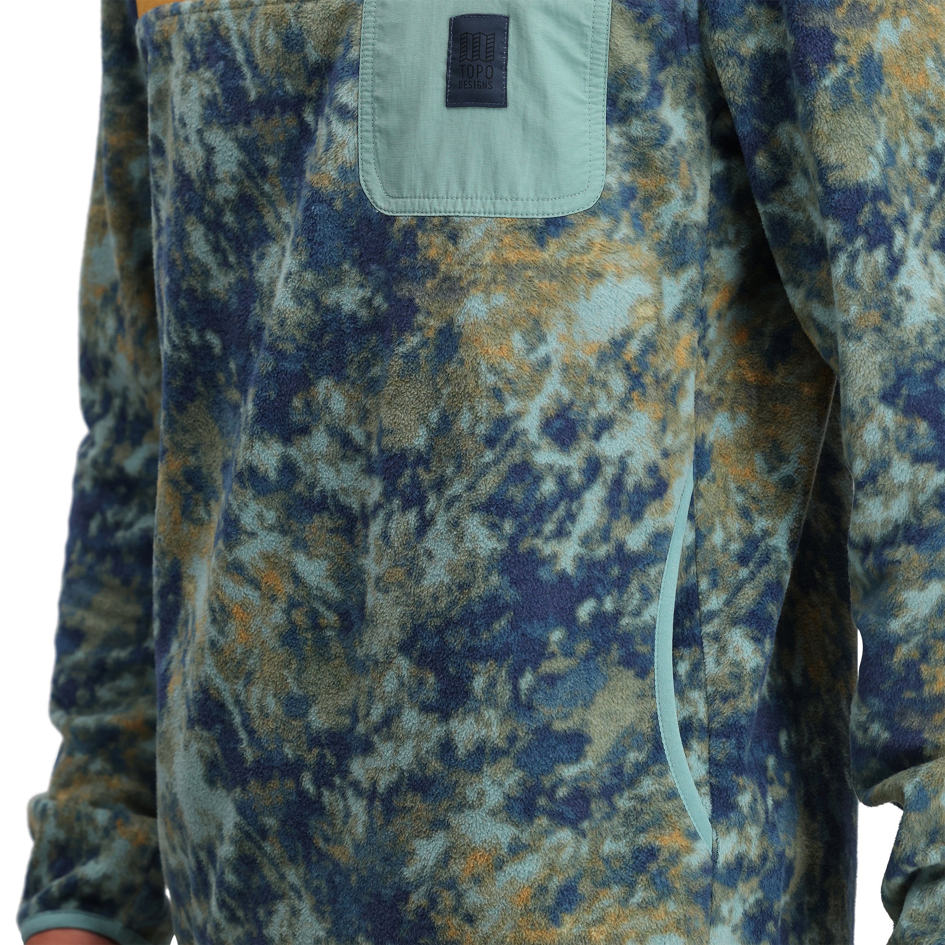 General Detail shot of Topo Designs Vista 1/4 Zip Lightweight Fleece - Men's in "Pond Blue Storm / Khaki"