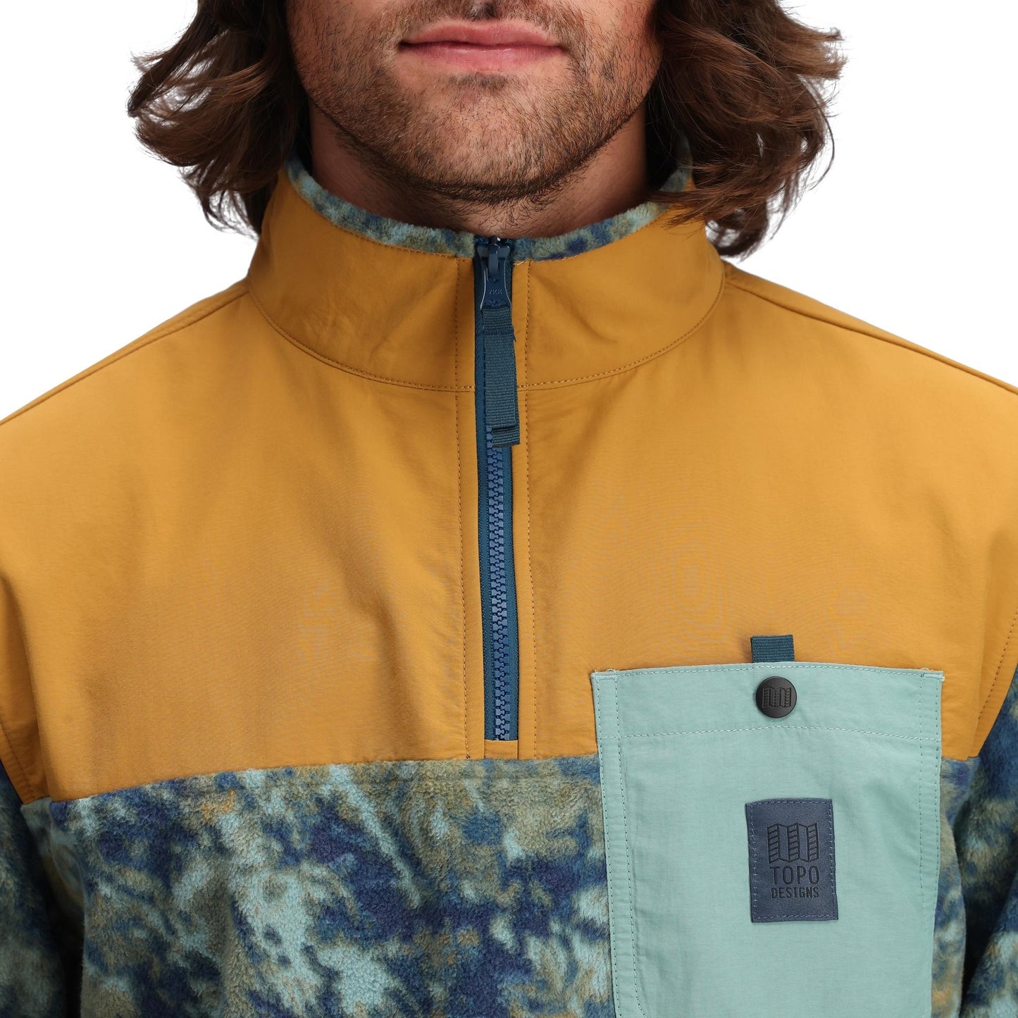 General Detail shot of Topo Designs Vista 1/4 Zip Lightweight Fleece - Men's in "Pond Blue Storm / Khaki"