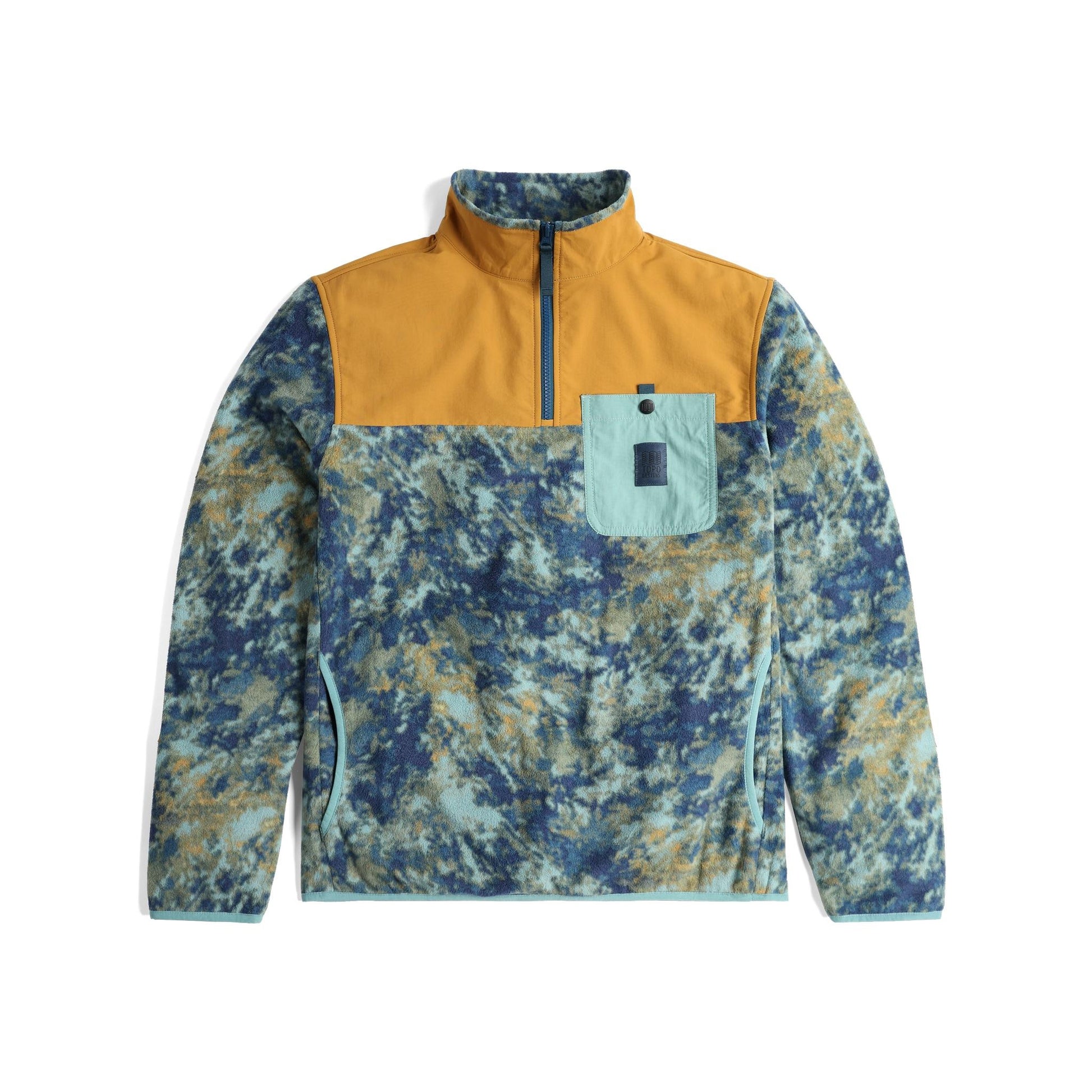 Front View of Topo Designs Vista 1/4 Zip Lightweight Fleece - Men's in "Pond Blue Storm / Khaki"