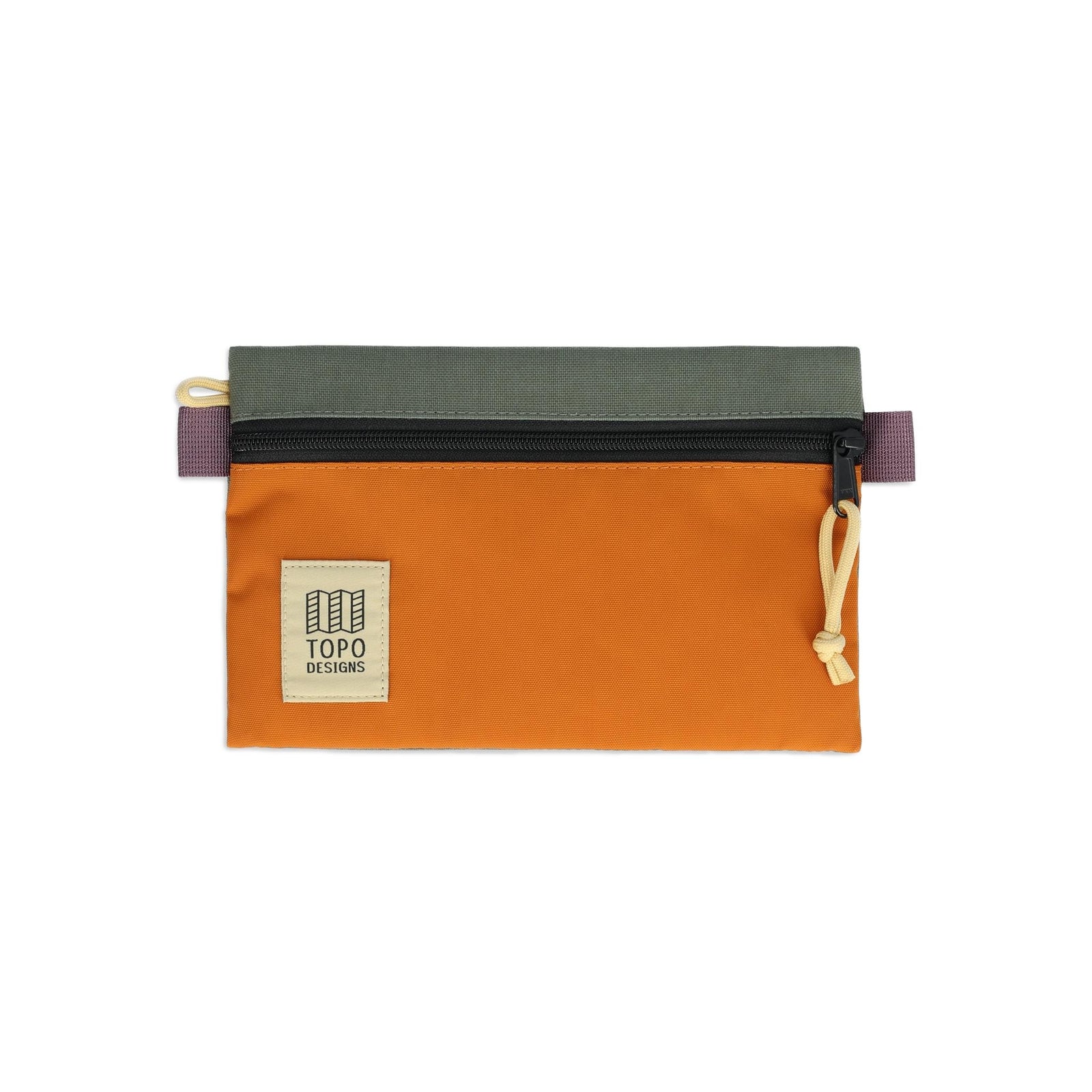 Front View of Topo Designs Accessory Bags in "Small" "Beetle / Spice"