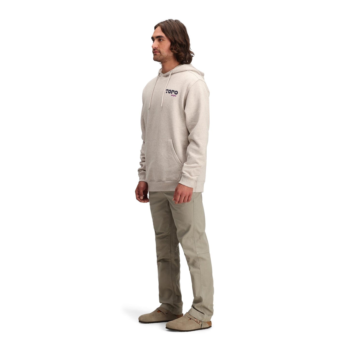 General side model shot of Topo Designs Alpine High Hoodie - Heat Waves in "Oatmeal Heather"