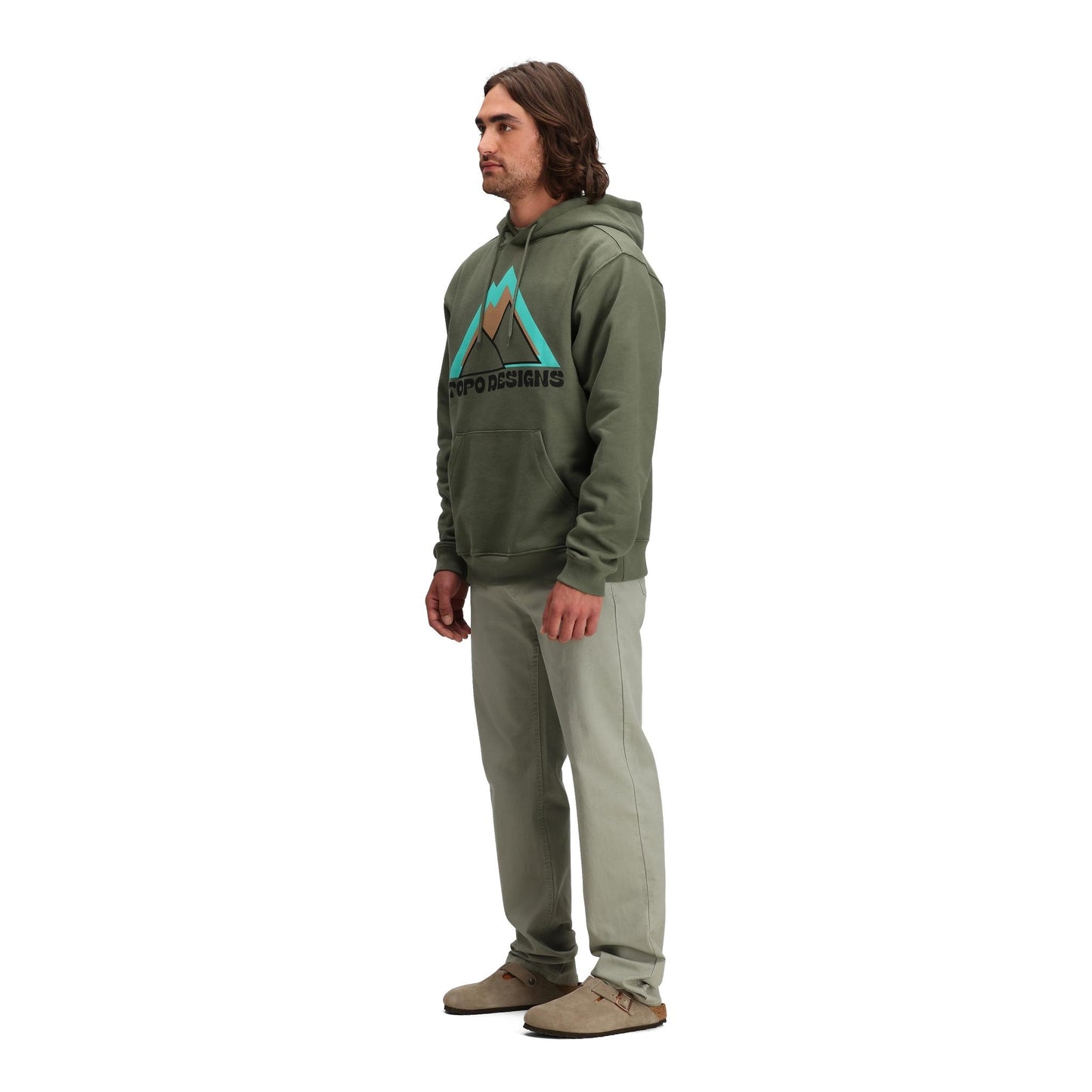 General side model shot of Topo Designs Dirt 5-Pocket Pants - Men's in "Dried Sage"