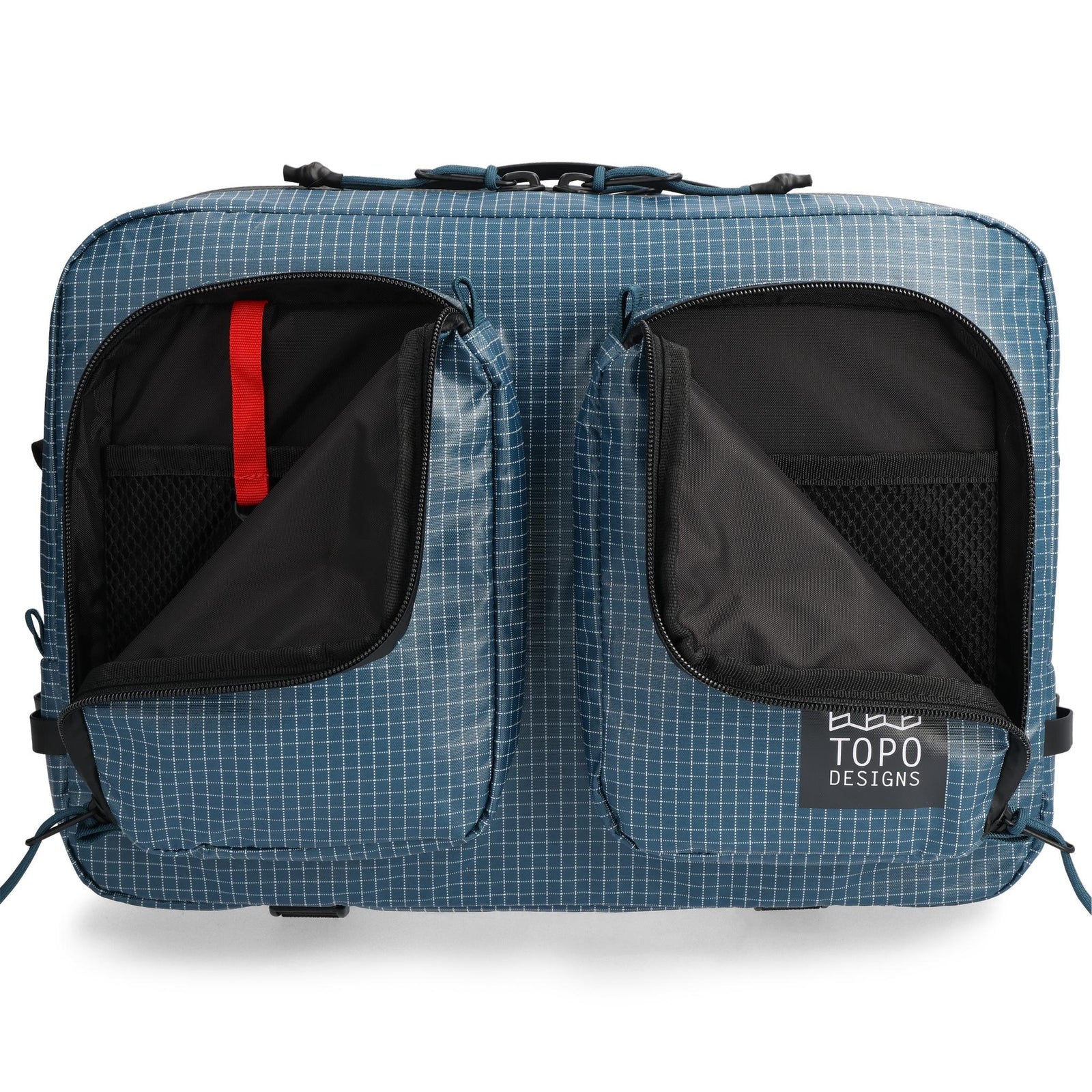 General detail shot of Topo Designs Apex Briefcase in "Pond Blue Grid"