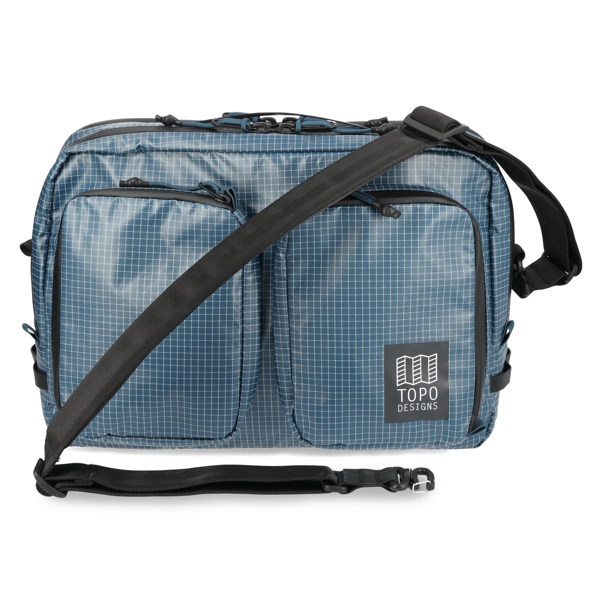 General detail shot of Topo Designs Apex Briefcase in "Pond Blue Grid"