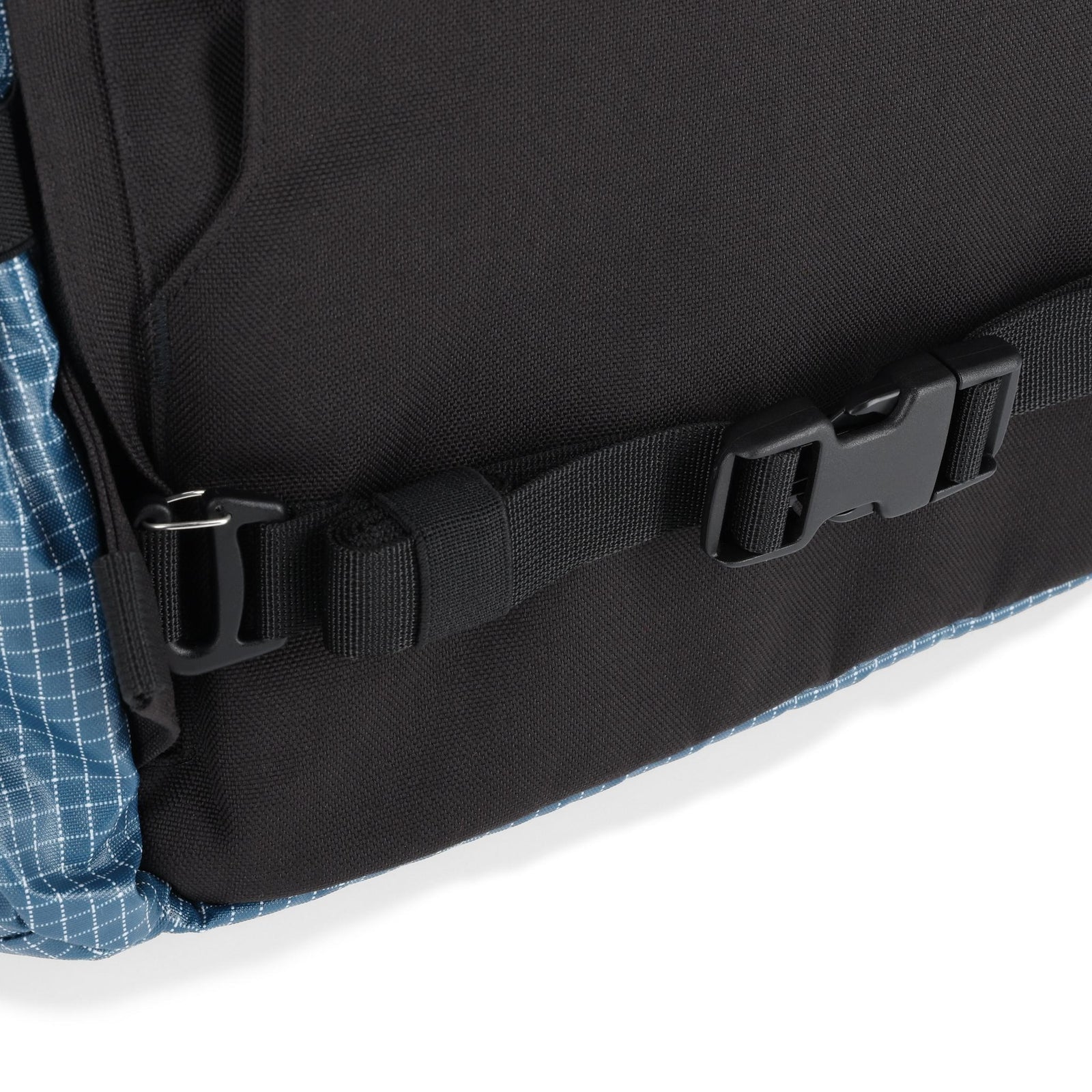 General detail shot of Topo Designs Apex Travel Bag 30L  in "Pond Blue Grid"